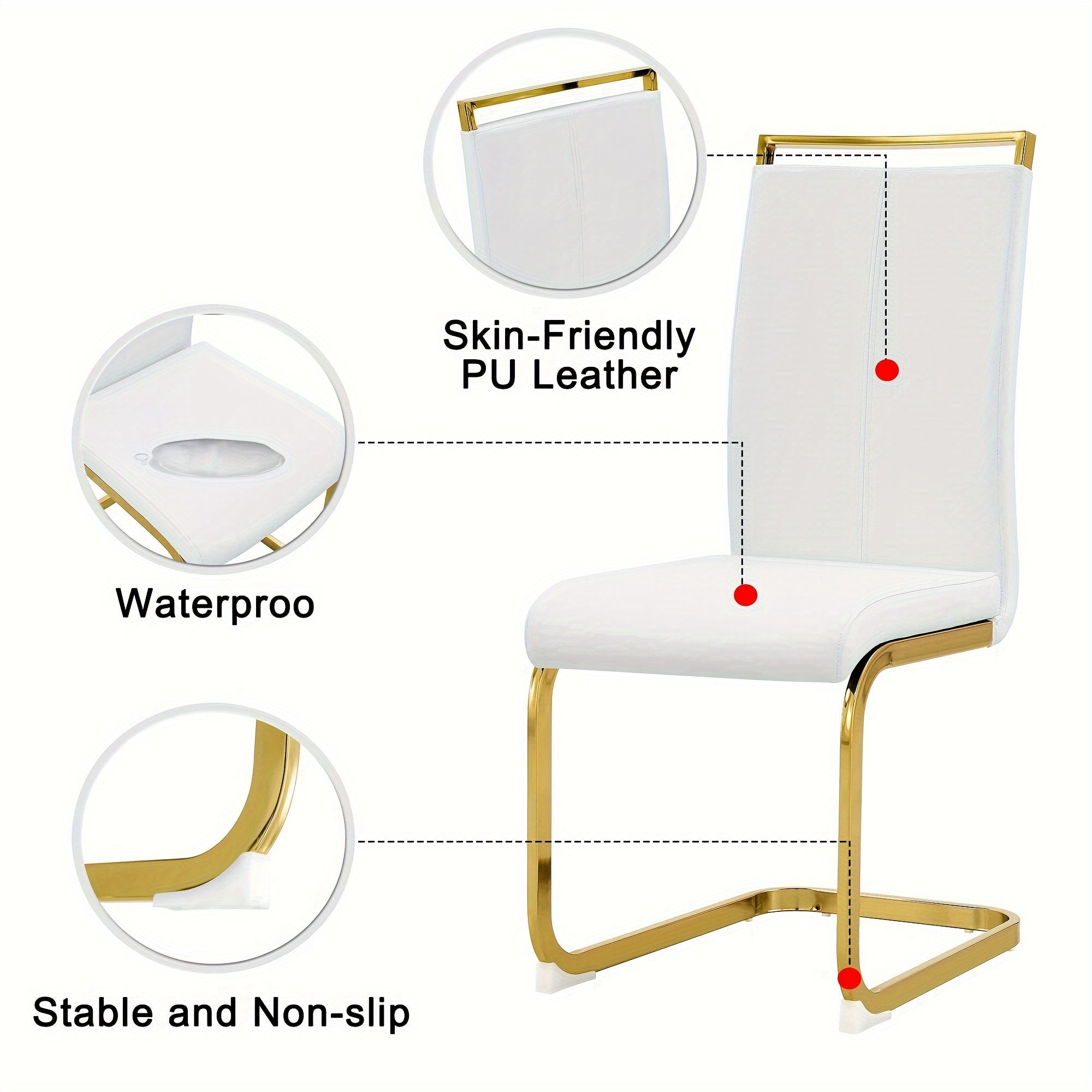 Modern Dining Chair, PU Artificial Leather High Back Soft Cushion Edge Chair, with Golden C-shaped Tube Chrome Metal Legs, for Restaurant Kitchen Vanity Club Guest Office Chair 2pcs Set White+PU