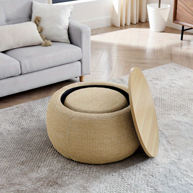 Round Storage Ottoman Woven rattan fabric Ottoman 2 in 1 Function Work as End table and Ottoman with small seat-nature 25"x25"x14.7"