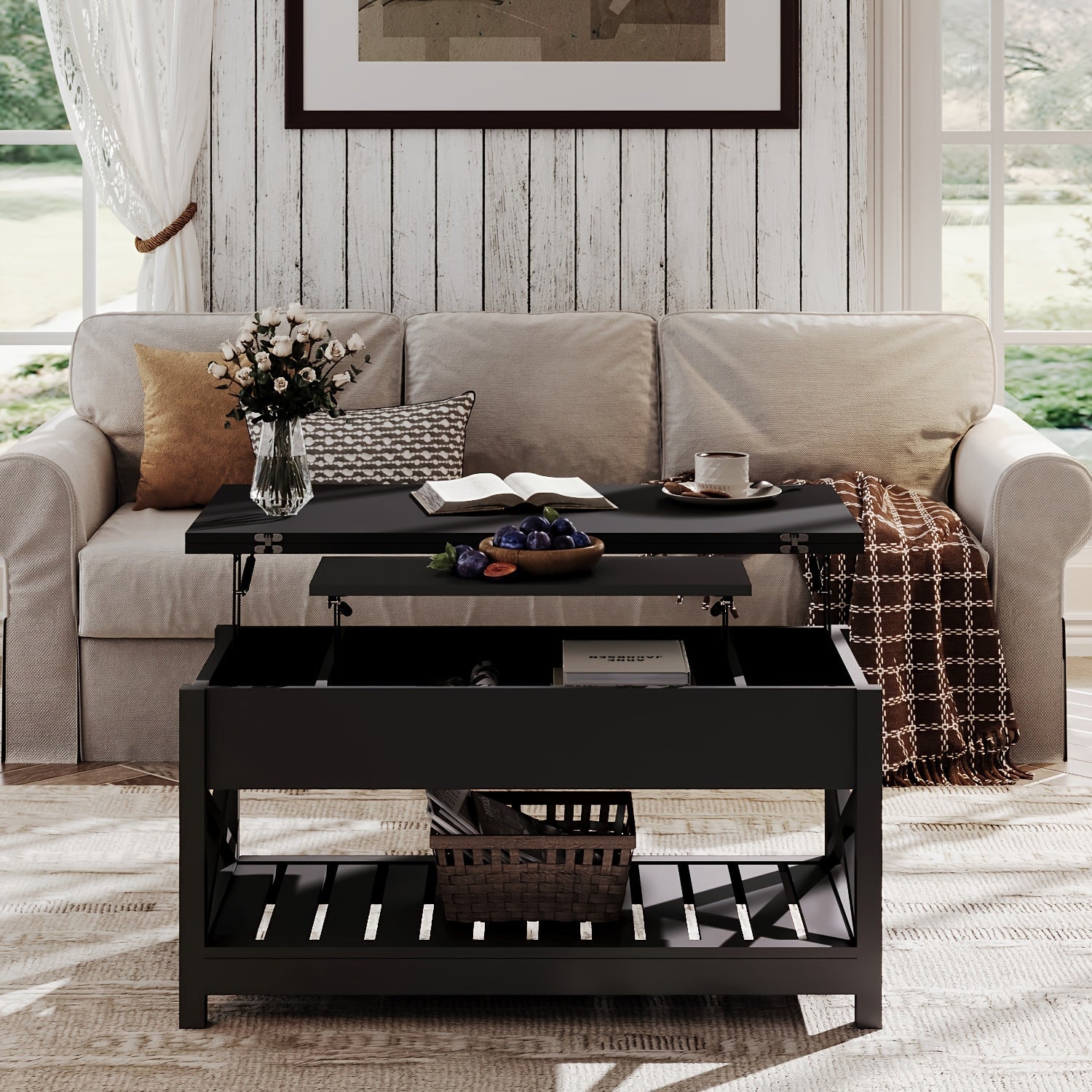 Versatile Farmhouse Coffee Table with Lift Top - Convertible to Dining, Storage & Hidden Compartment, Durable Wood Construction