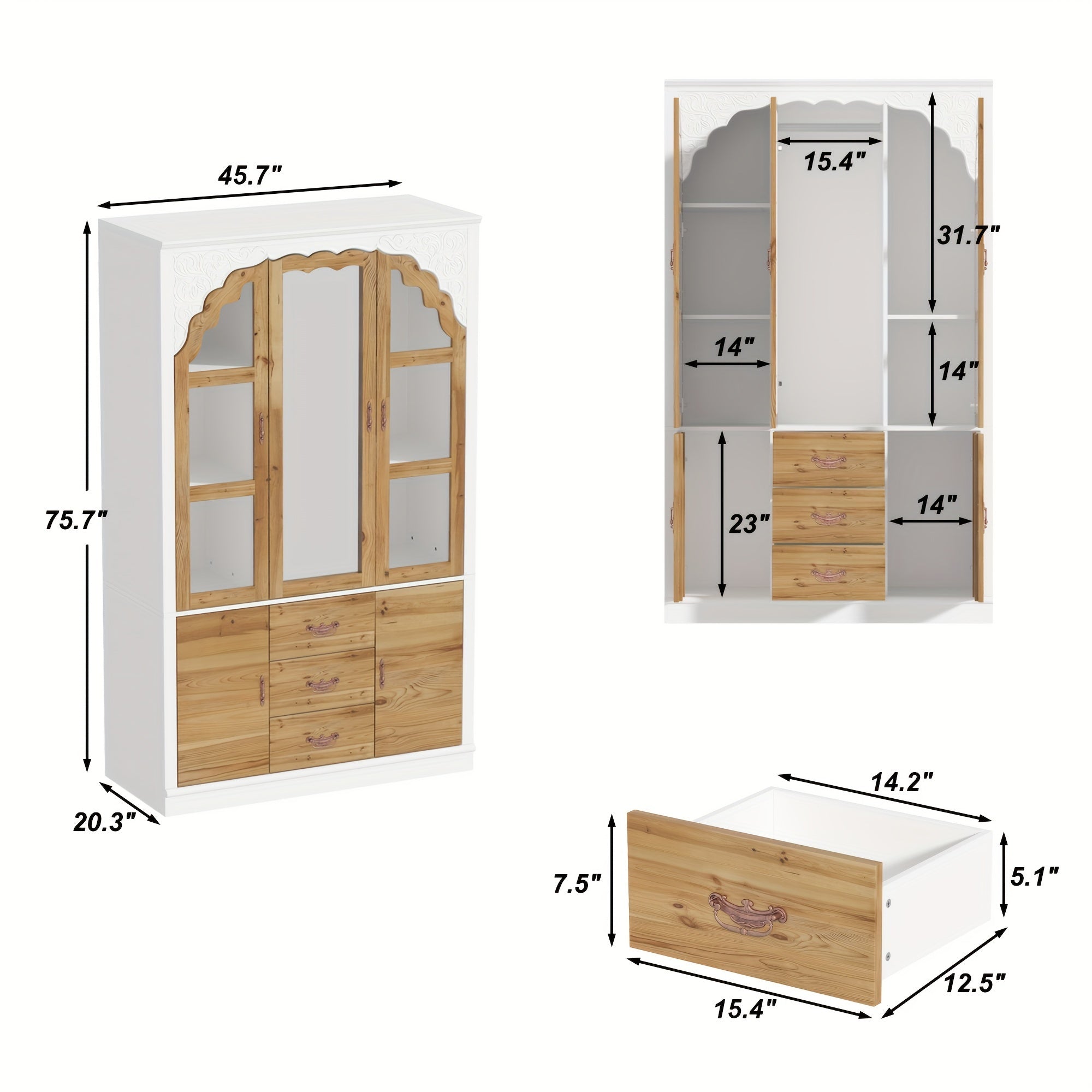 Wardrobe With 3 Drawers And Glass Doors, Storage Cabinet With Mirrors And Hangers, Bedroom Closet Organizer, Perfect For Modern Bedrooms, Large Storage Space