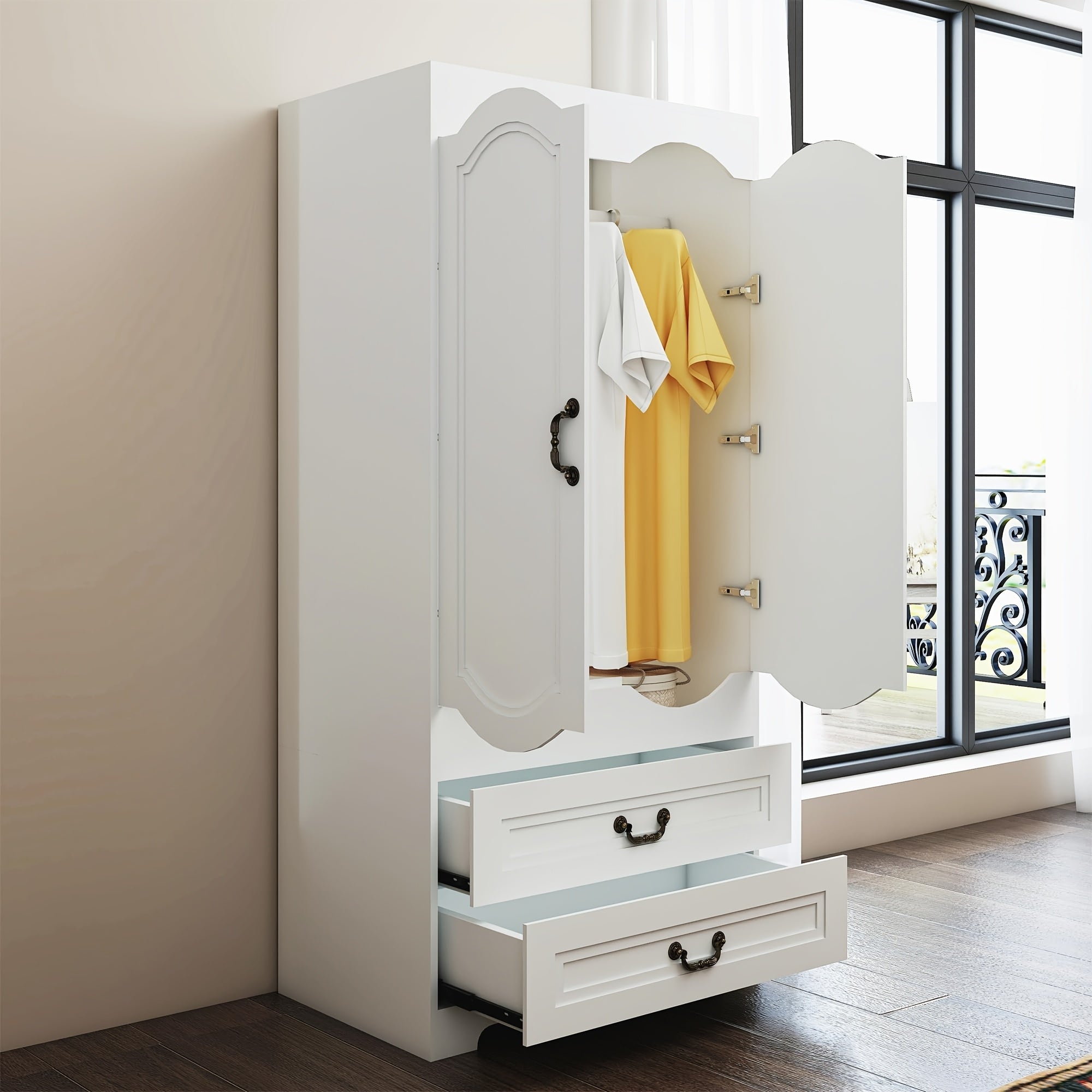 Armoire Wardrobe Closet With 2 Drawers, Easy-to-assemble Tall Wooden Wardrobe Closet With 2 Doors And Hanging Rail, Free Standing White Armoire For Bedroom