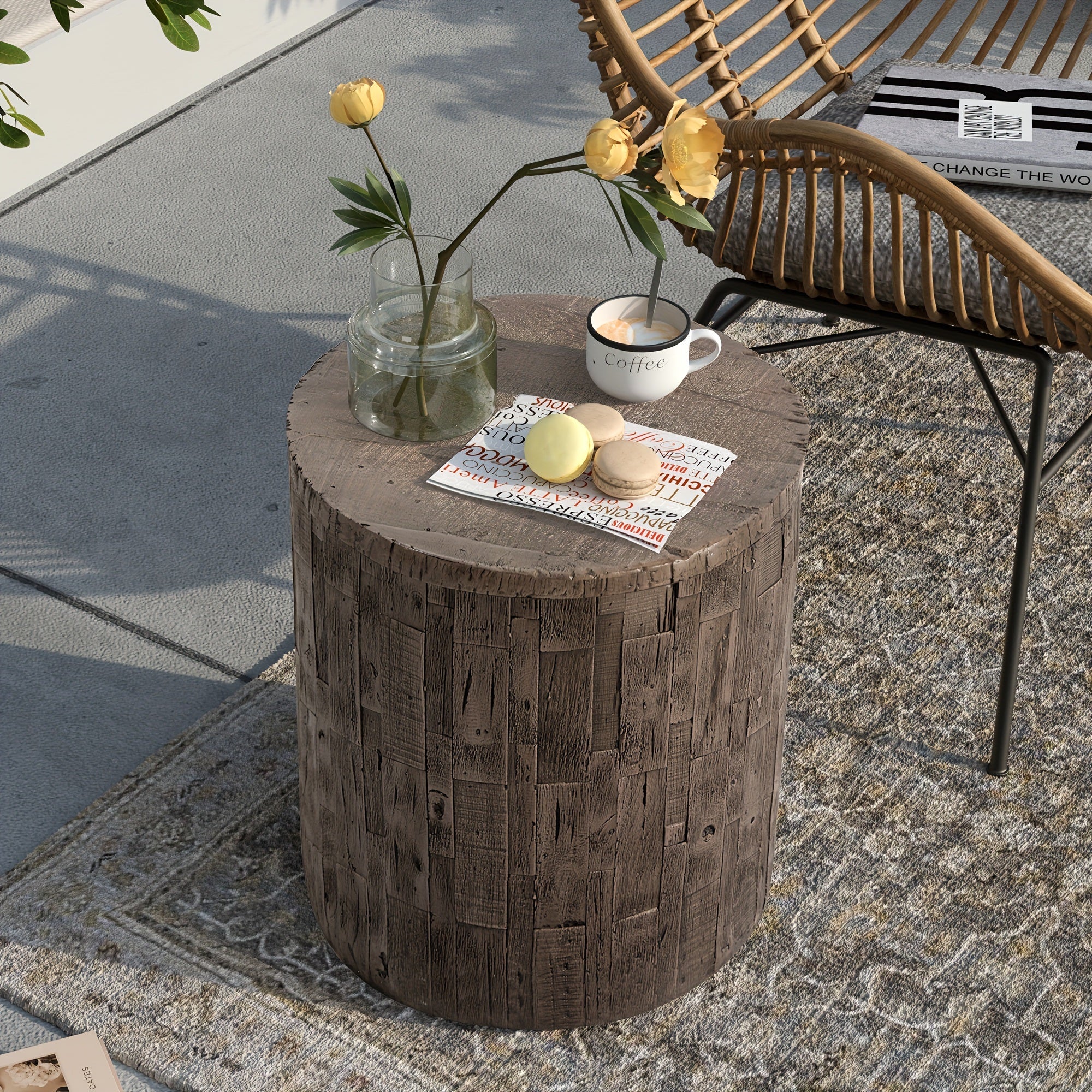 15" Outdoor Side Table For Patio, Concrete Side Table Tree Stump Side Table, Garden Stool Side Table, Patio Side Table, Outdoor Accent Table, Light Brown Outdoor End Table Stump Coffee Table, Christmas Holiday Decorations Sid