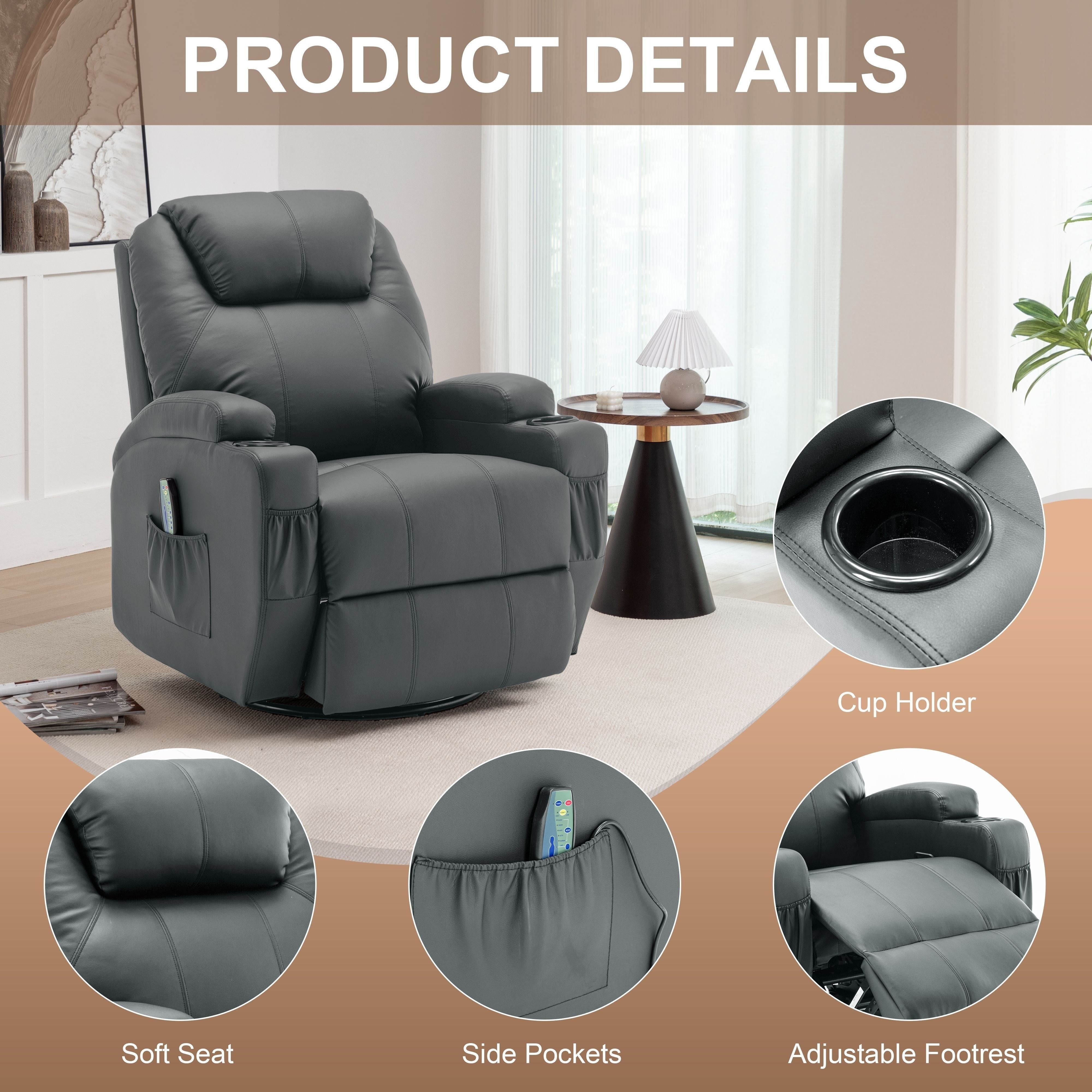 Recliner Chair, Rocking Chair With Massage And Heat, 360° Swivel Recliner Chairs For Adults, Rocker Manual Recliner With Remote Control And Cup Holder For Living Room, Bedroom, Gray, Manual