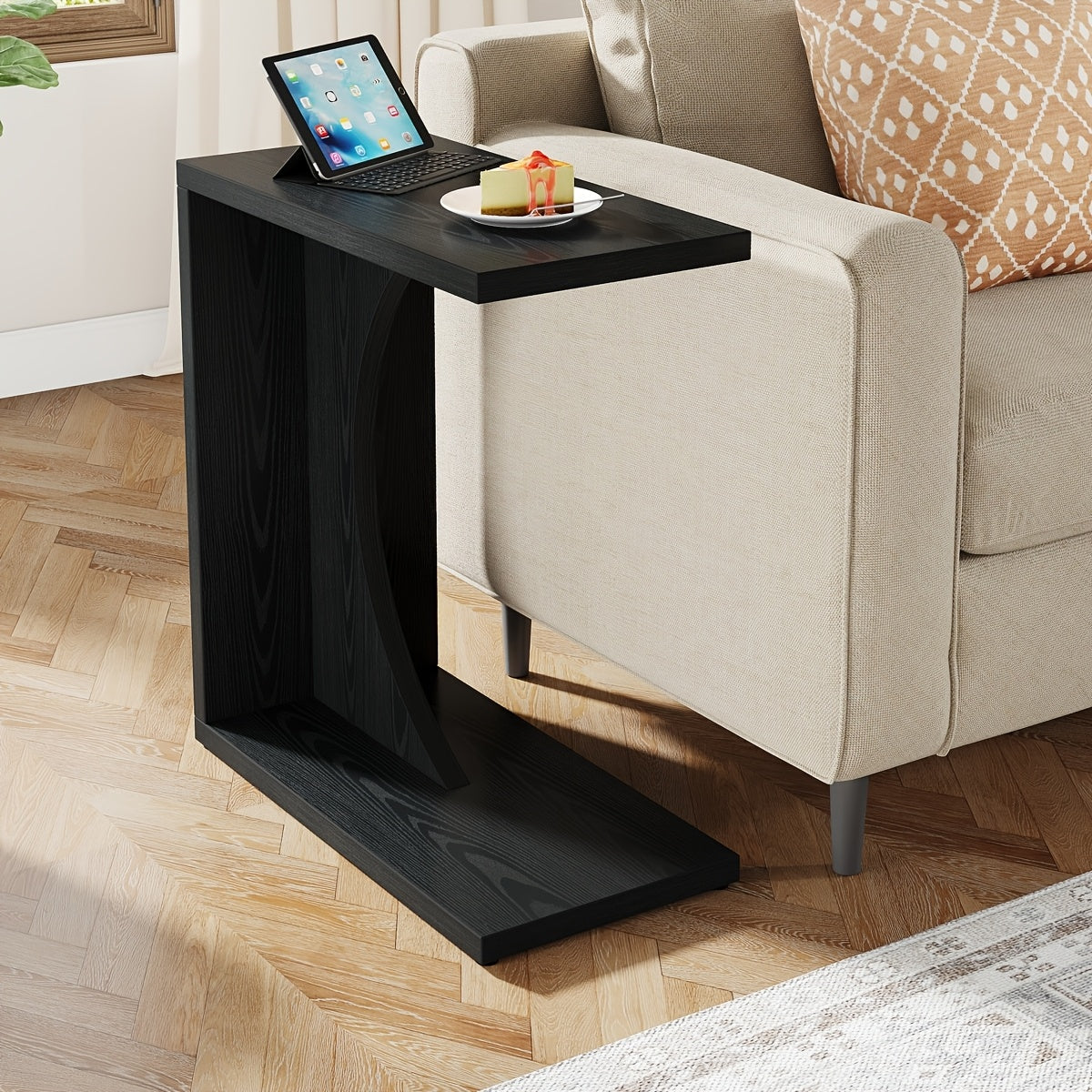 Modern Black C-Shaped End Table - Compact Side Table for Small Spaces, Adjustable Feet, Easy Assembly & Cleaning