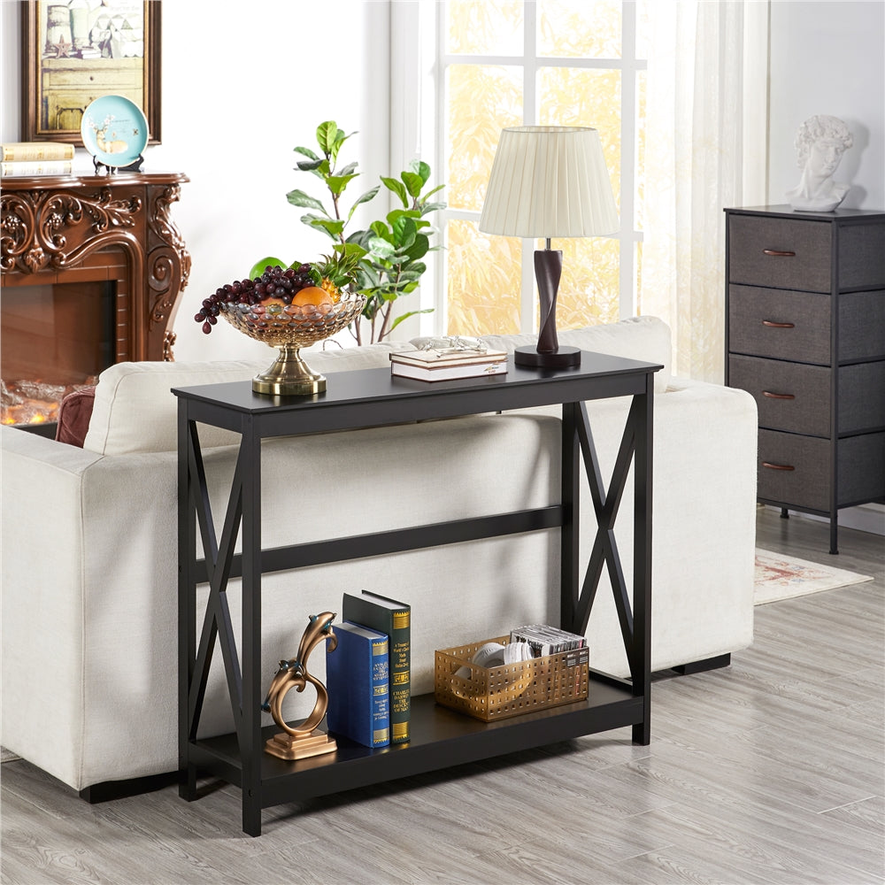 Costoffs Narrow Wood Entryway Table 2 Tier Console Table for Entryway X-Design Bookshelf Accent Table w/Storage Shelf for Living Room Entry Hall Foyer