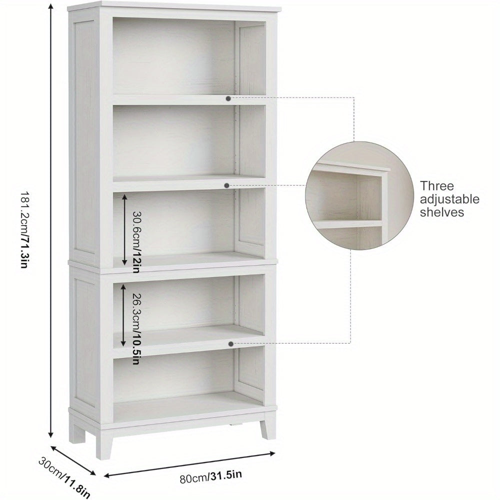 Rustic Farmhouse Wooden Bookcase 5-Tier Storage Bookshelf Vintage Etagere for Home Office Living Room Bedroom - White