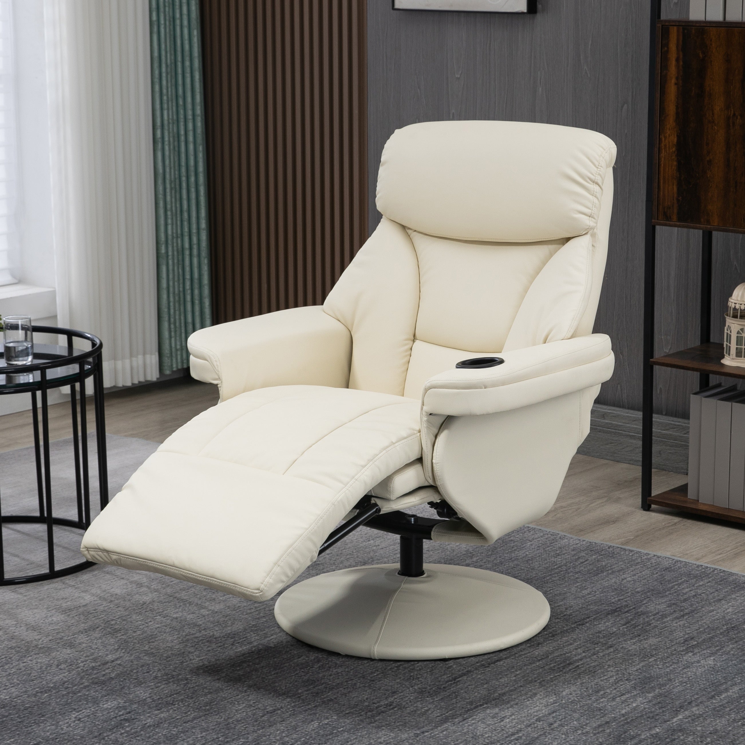 1pc Beige Manual Recliner Chair with Side Pocket, Swivel Lounge Armchair, Metal Frame, Upholstered Footrest and Cup Holder for Living Room Comfort