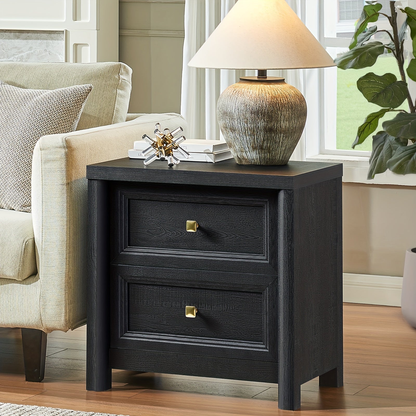 Black Nightstand Set Of 2, Farmhouse Night Stand Set 2, Black And Gold Nightstand With 2 Drawers, Wood Bed Side Table For Bedroom, 23.3" Tall Nightstand With Gold Knob, Wooden End Table Sofa Couch