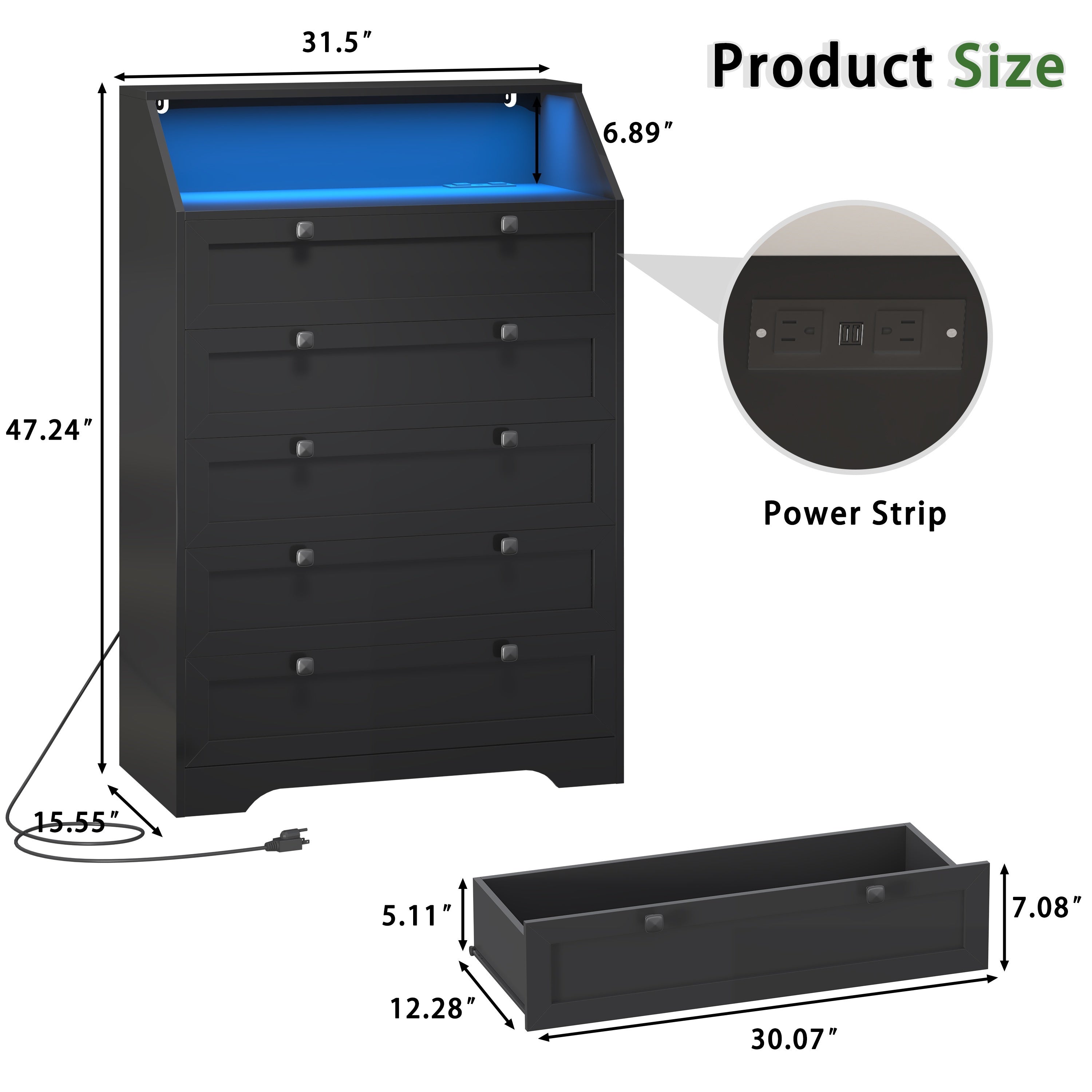Elegant 5-Drawer LED Dresser with Charging Station - Classic Black Wooden Chest of Drawers Deep Storage & Organization