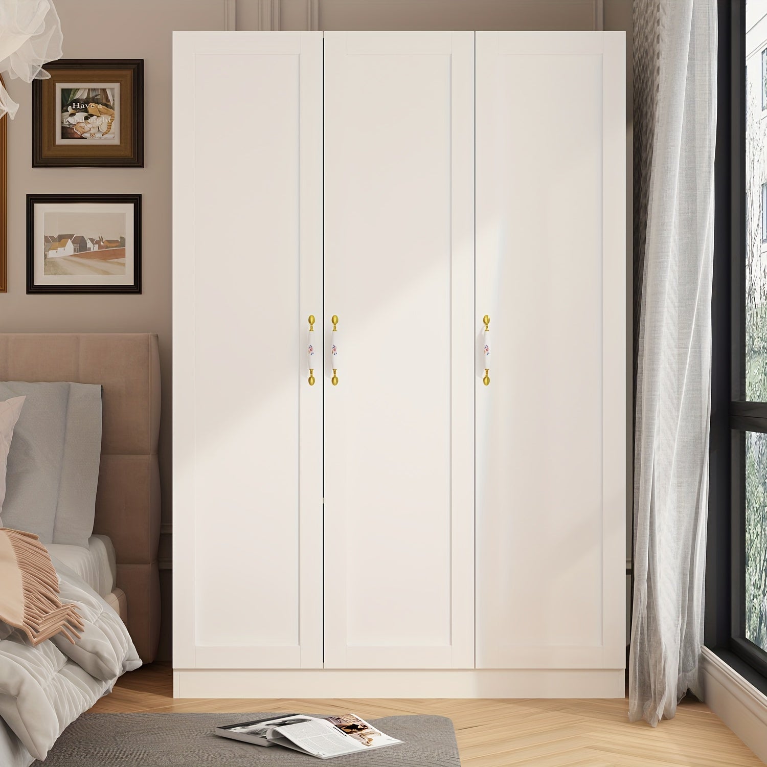 Modern large wardrobe armored wooden closet with 3 doors, 5 storage rooms, 2 hanging rods, and bedroom decorative handles, large storage capacity, white