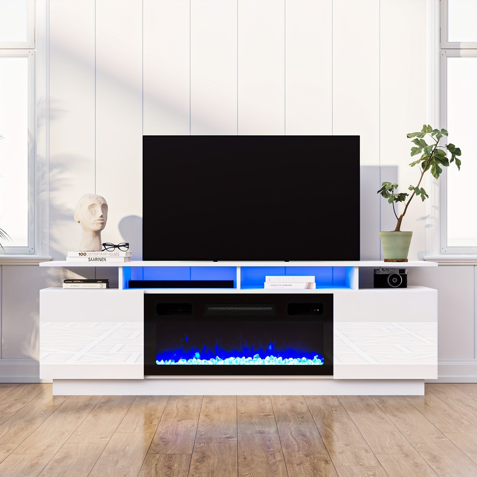 White/black Fireplace TV Stand, Smile Back Fireplace TV Cabinet For TV 60/70/75", Multicolor LED/flame Fireplace TV Stand With Charging Station For Living Room, Bedroom, Partty, Gift