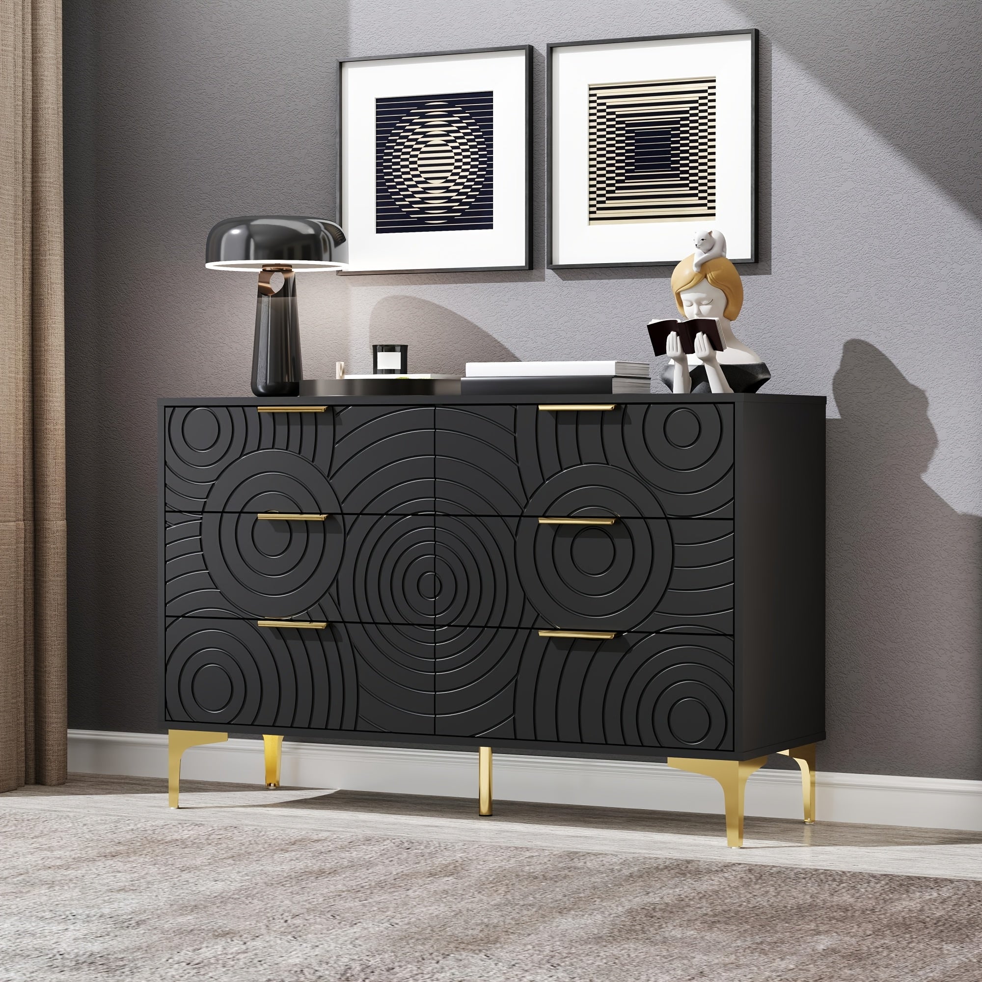 9/6-Drawer Modern Storage Cabinet Gold-Accented Handles Geometric Pattern Sturdy Metal Legs Easy-Slide Drawers Living