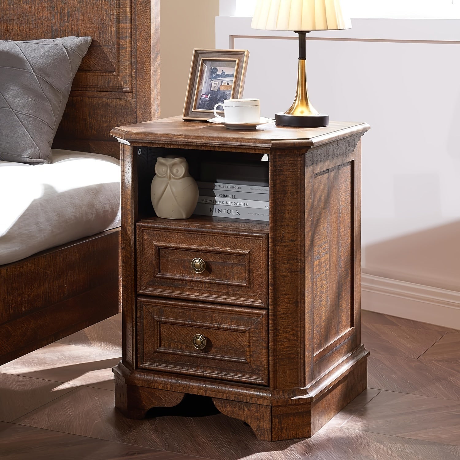 Farmhouse Nightstand with Charging Station, 18" End Table with 2 Drawers, Wood Side Table, Bedside Cabinet for Bedroom, Living Room