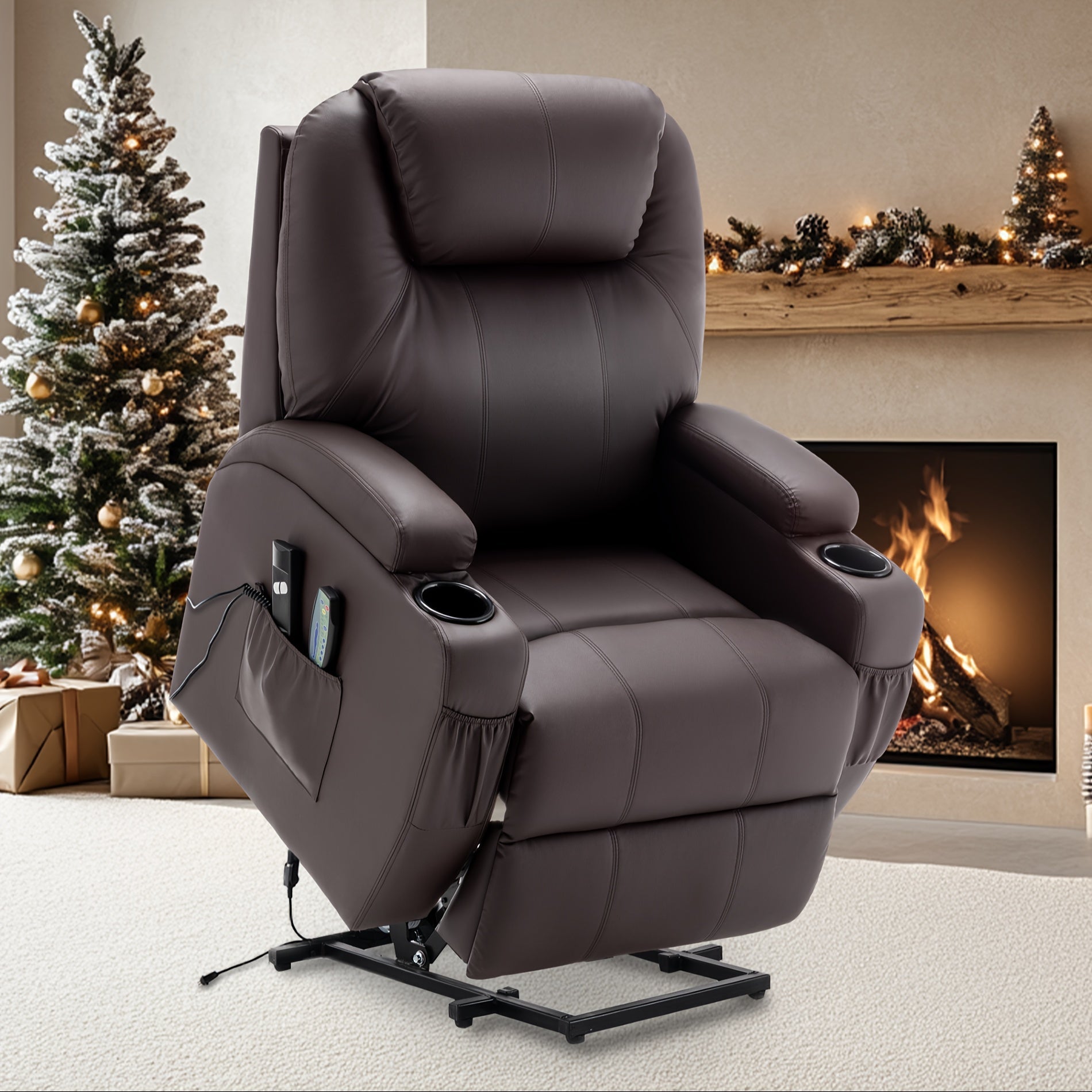 Faux Leather Power Lift Recliner Chair For Elderly And Adults, Electric Recliner With Massage And Heating, Recliner Chair With Remote Control And Cup Holder