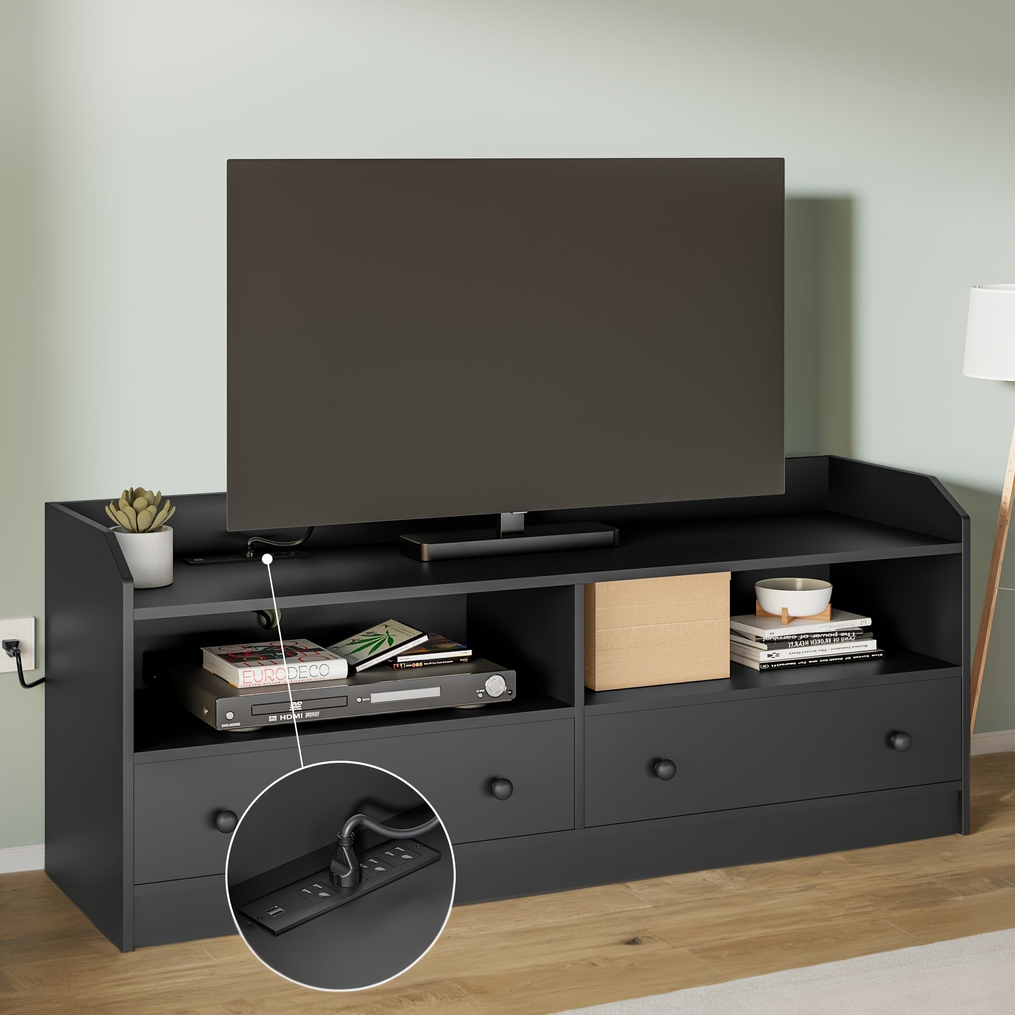 TV Stand for 50 55 60 Inch TV, Entertainment Center, TV Console with 2 Shelves & 2 Drawers, Open Storage Shelf, Media Console for Living Room, Perfect for Storage, Black