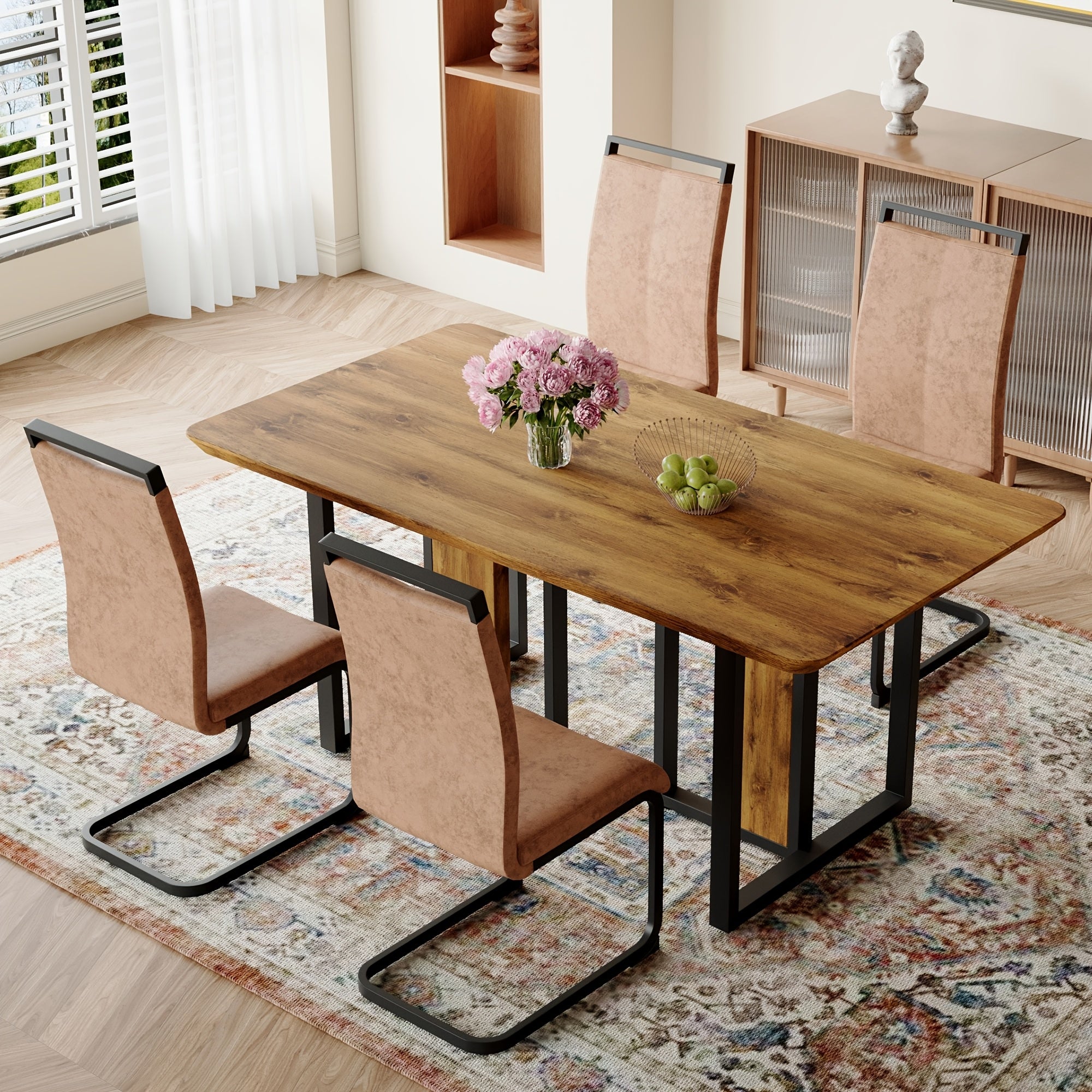 Dining Room Table Set for 4, 67" Rectangle Wood Dining Table Set with 4 Thick Cushion Upholstered Chairs, Dinner Table Set for 4 Easy Assembly, Dining Room Sets for 4 for Kitchen. Hot Sale, The Black Five Clearance, Furniture