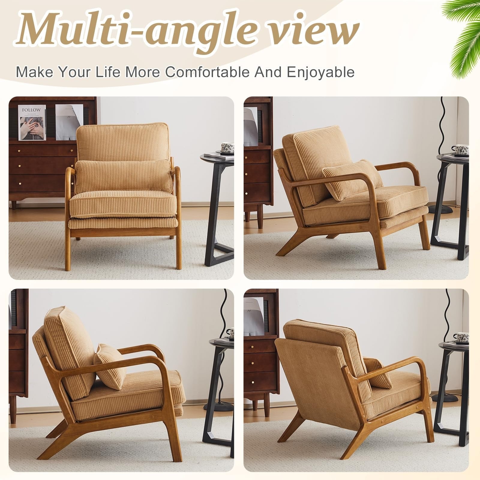 Upgraded Premium Corduroy Accent Chair,Upholstered Arm Chair,Solid Wood Comfy Reading Chair with Lumbar Pillow, Mid Century Modern Chairs for Living Room,Bedroom,Guest Room