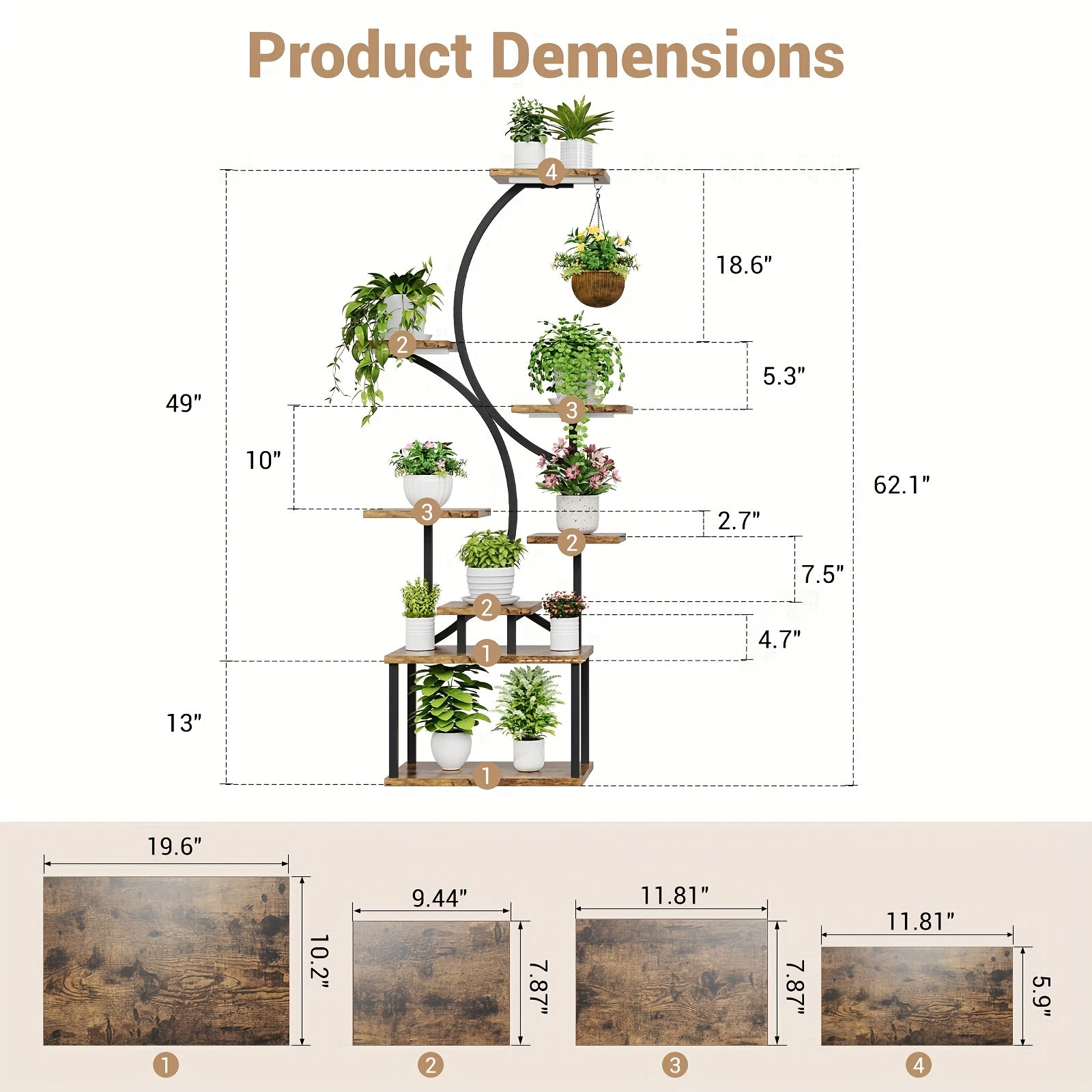 8-Tier Metal Plant Stand with Grow Lights, 62" Tall S-Shaped Indoor Plant Shelf, Multi-Level Display for Living Room Decor, Classic Brown Black Finish, Grow Light Stand | Classic Sshaped Design | Wooden Shelf Finish, Artifici