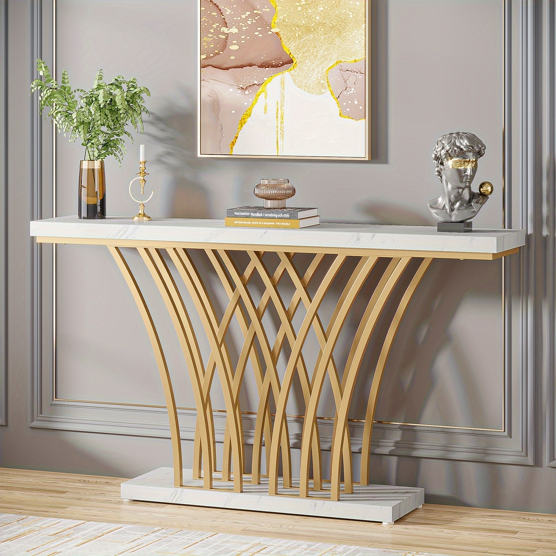 59 inch Golden Console Table, Modern Entryway Table with Grid-Shaped Metal Base for Entrance, Hallway, Entryway, Living Room