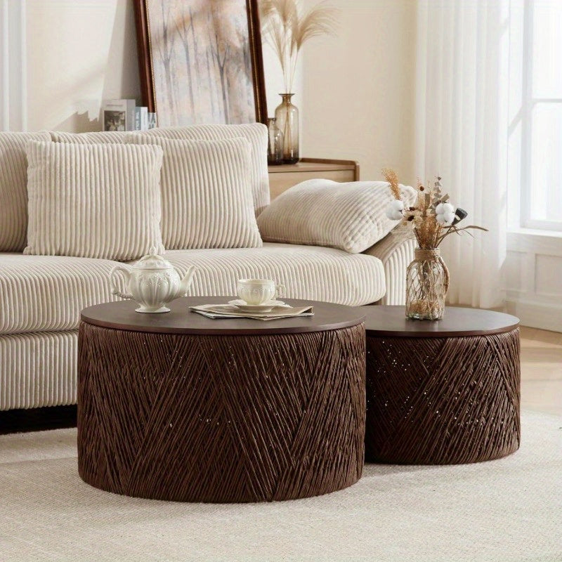 Large Round Coffee Table with Storage, Boho Hand-Woven Rattan Coffee Table Set of 2, Drum Circle End Table for Living Room, Bedroom, Small Space, No Assembly Required, Brown