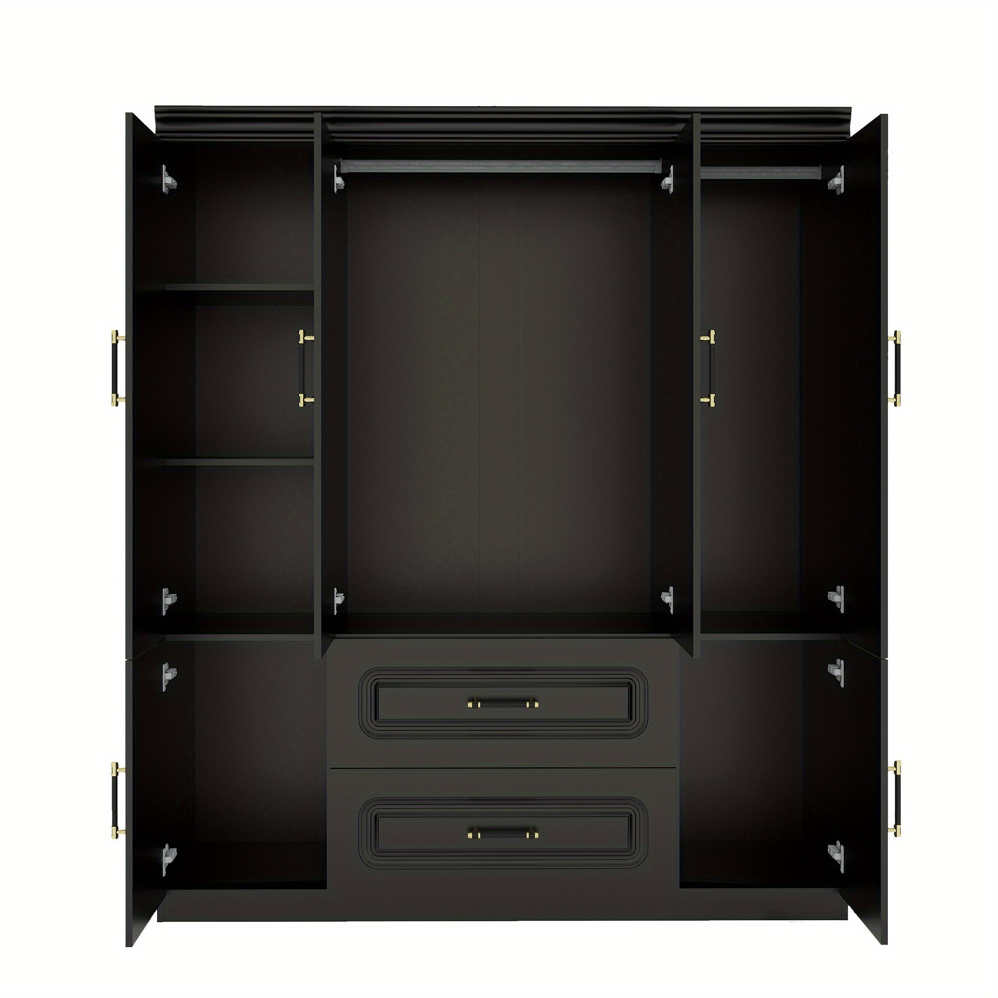 Modern Black Wooden Wardrobe Armoire with Drawer & Shelves - Waterproof, Free-Standing Closet Storage Cabinet for Bedroom, Dustproof with Golden Handles, Portable Closet, Storage Boxes for Organizing