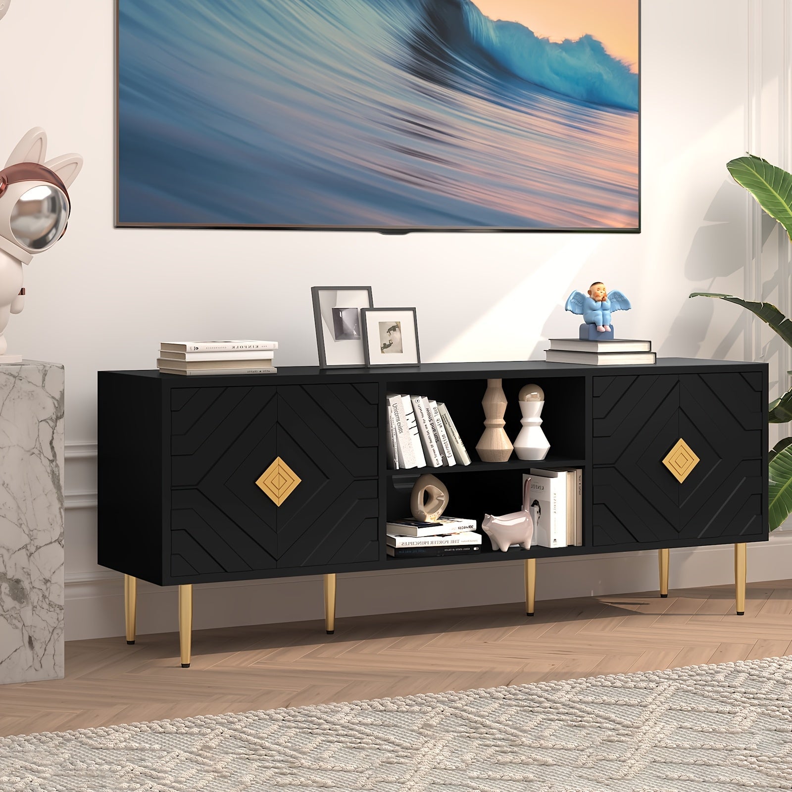 TV Stand For 65/70/75 Inch TV Entertainment Center With Storage Cabinets And Embossed Pattern Doors Mid Century Modern