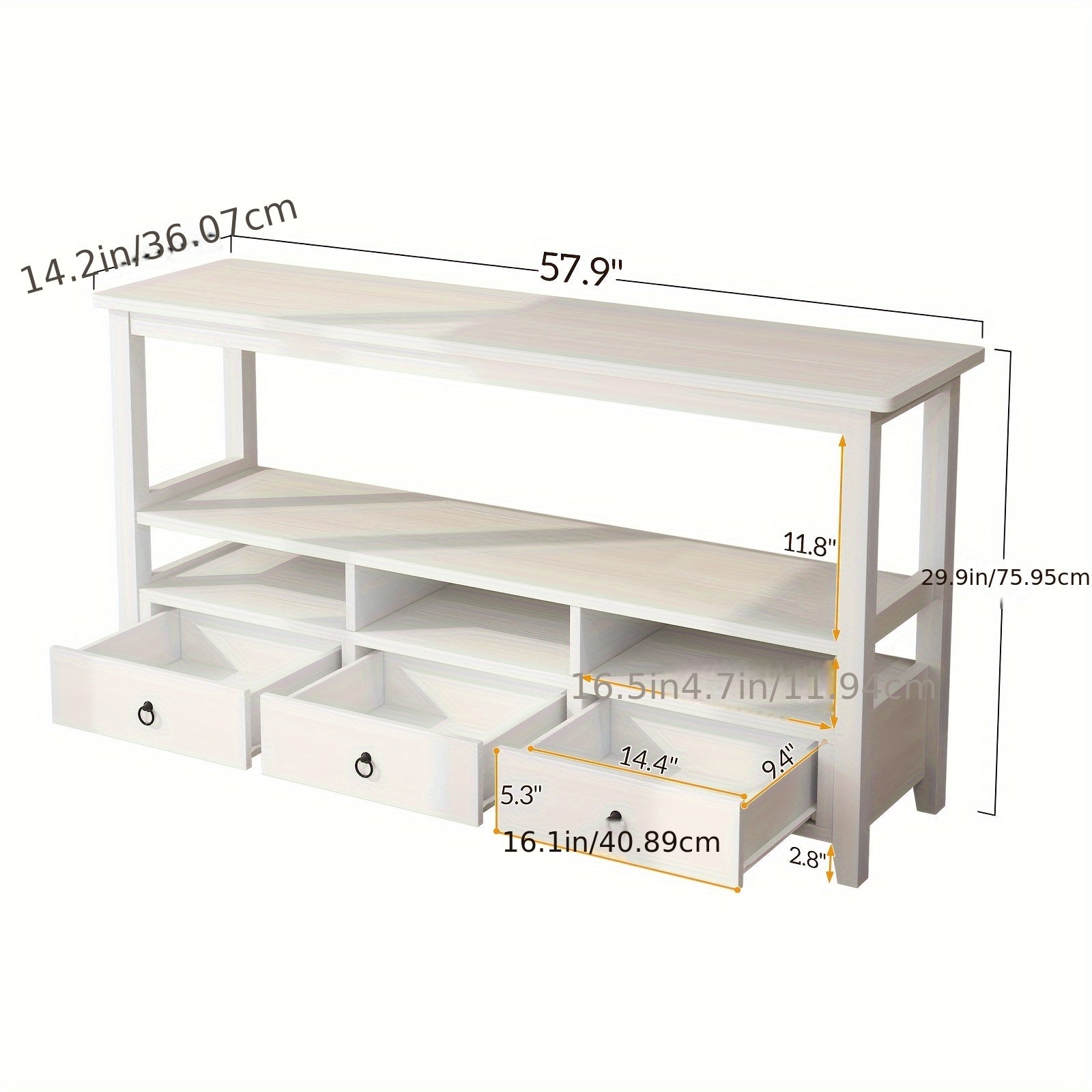 3 Tier Vintage Solid Console Table with 3 Drawers and Shelves, Industrial Console Table Coffee Table for Living Room Entry Bedroom