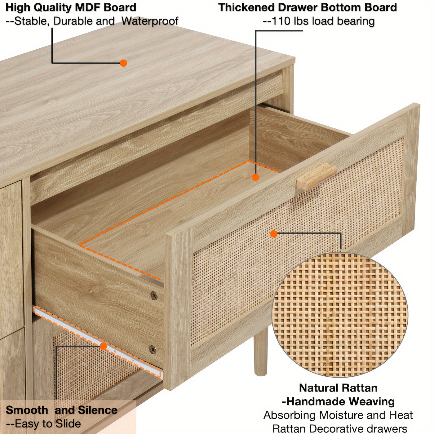 4 Double Drawer Dresser For Bedroom 59.84" Widen Wooden Bedroom Dressers With Drawers, Rattan Cane Dresser Modern Chest Of Drawers Wood Oak 4 Drawer Dresser For Bedroom, Hallway, Living Room