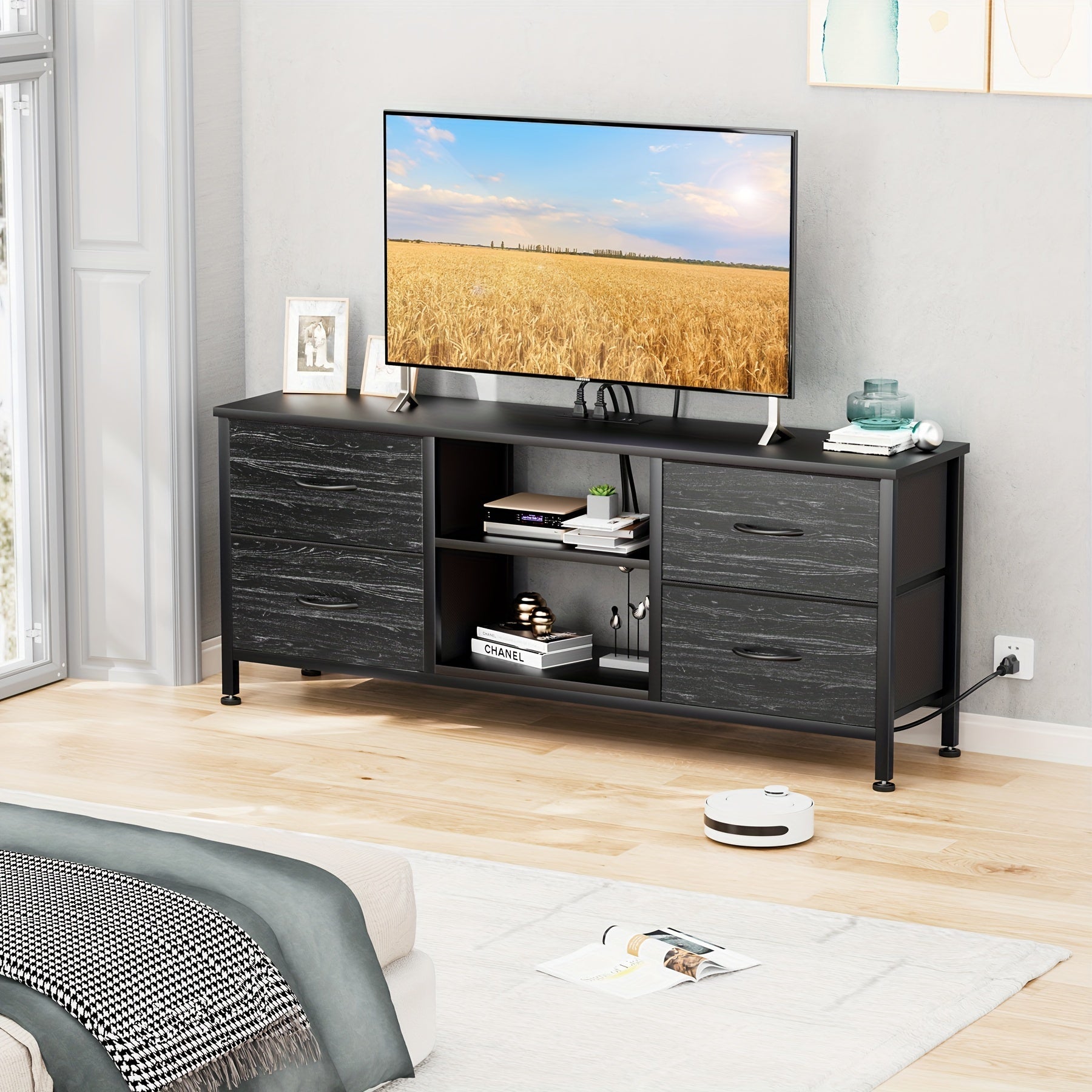 Dresser TV Stand With Power Outlet For 50'' TV, Long Dresser For Bedroom With 4 Fabric Drawers, Wide Console Table For Storage In Closet Living Room Entryway, Wood Top