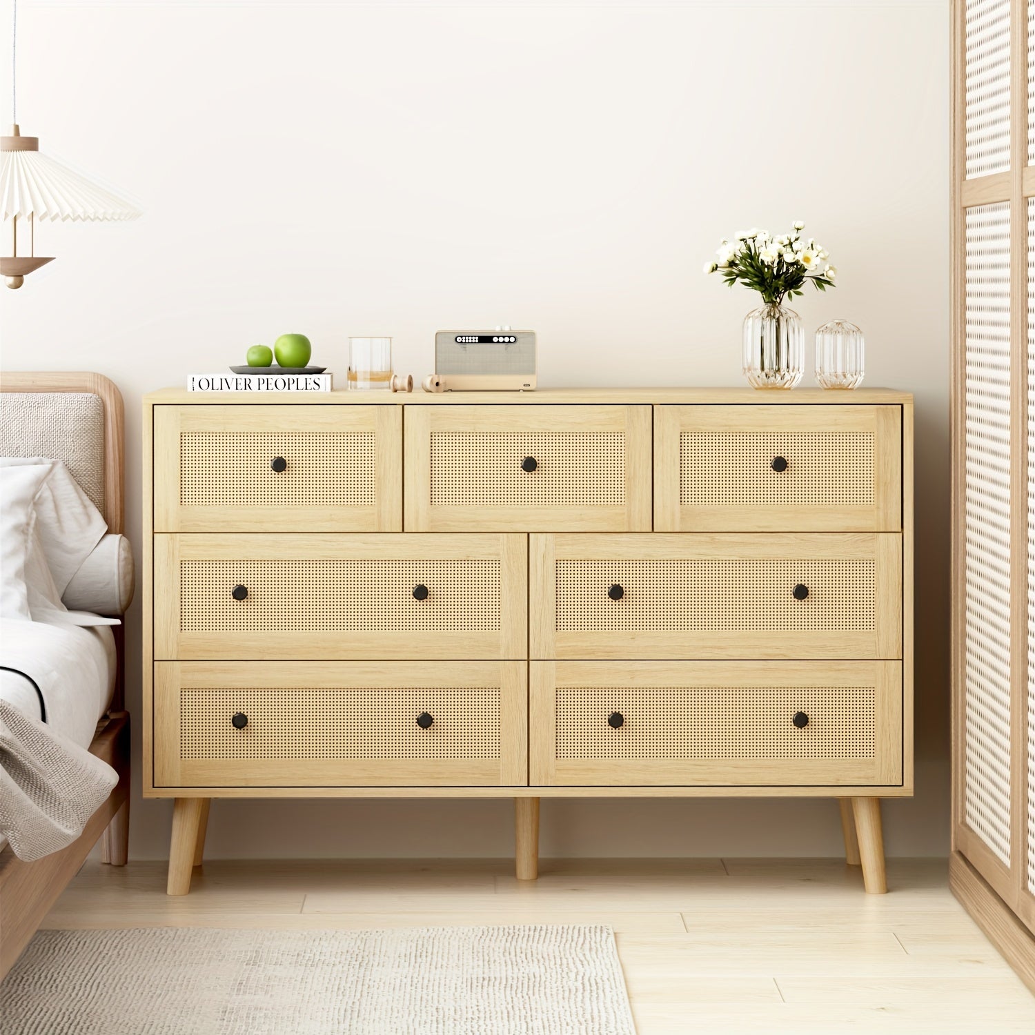 Natural Rattan Dresser For Bedroom Modern Wood 7 Drawer Dresser With Gold Handles - Square Corner - Dresser Westberry
