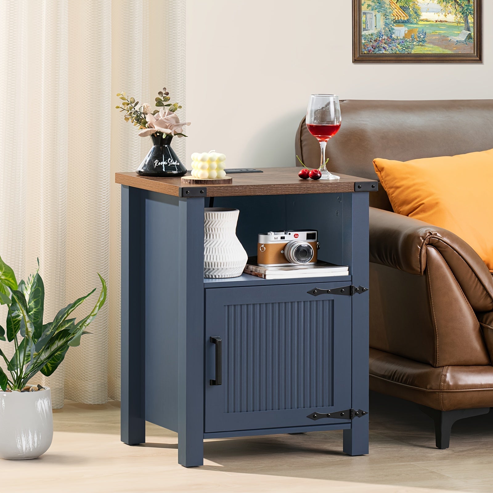 Charming Dark Blue 18" Farmhouse Nightstand with Charging Station & USB Port, Rustic Hardwood End Table with Magnetic Doors & Storage Shelf - Ideal for Bedroom Comfort, Bedroom Decor