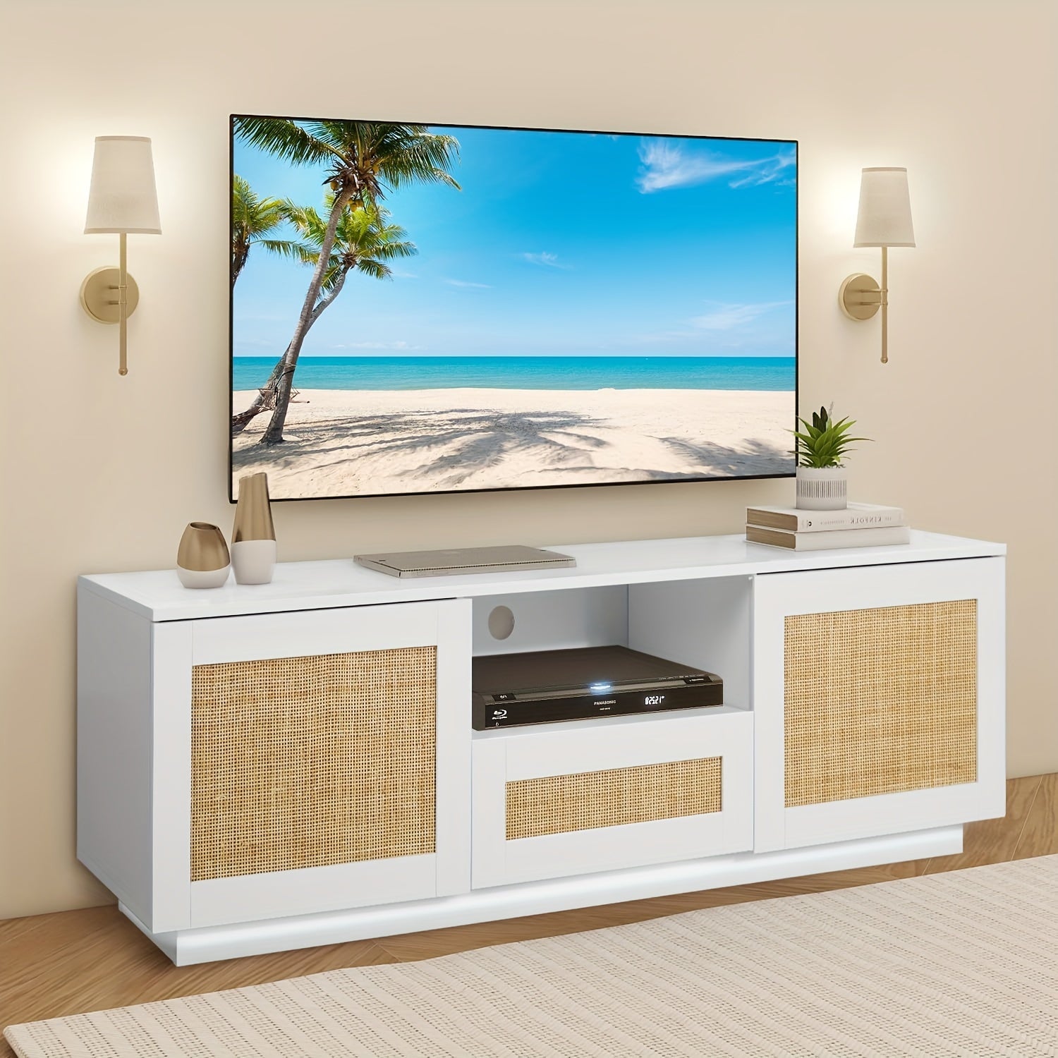 Kinder King Rattan TV Stand For 65 Inch TV - White Entertainment Center With LED Light, Rattan Doors And Drawer, 58in Modern TV Console, Media Cabinet For Living Room