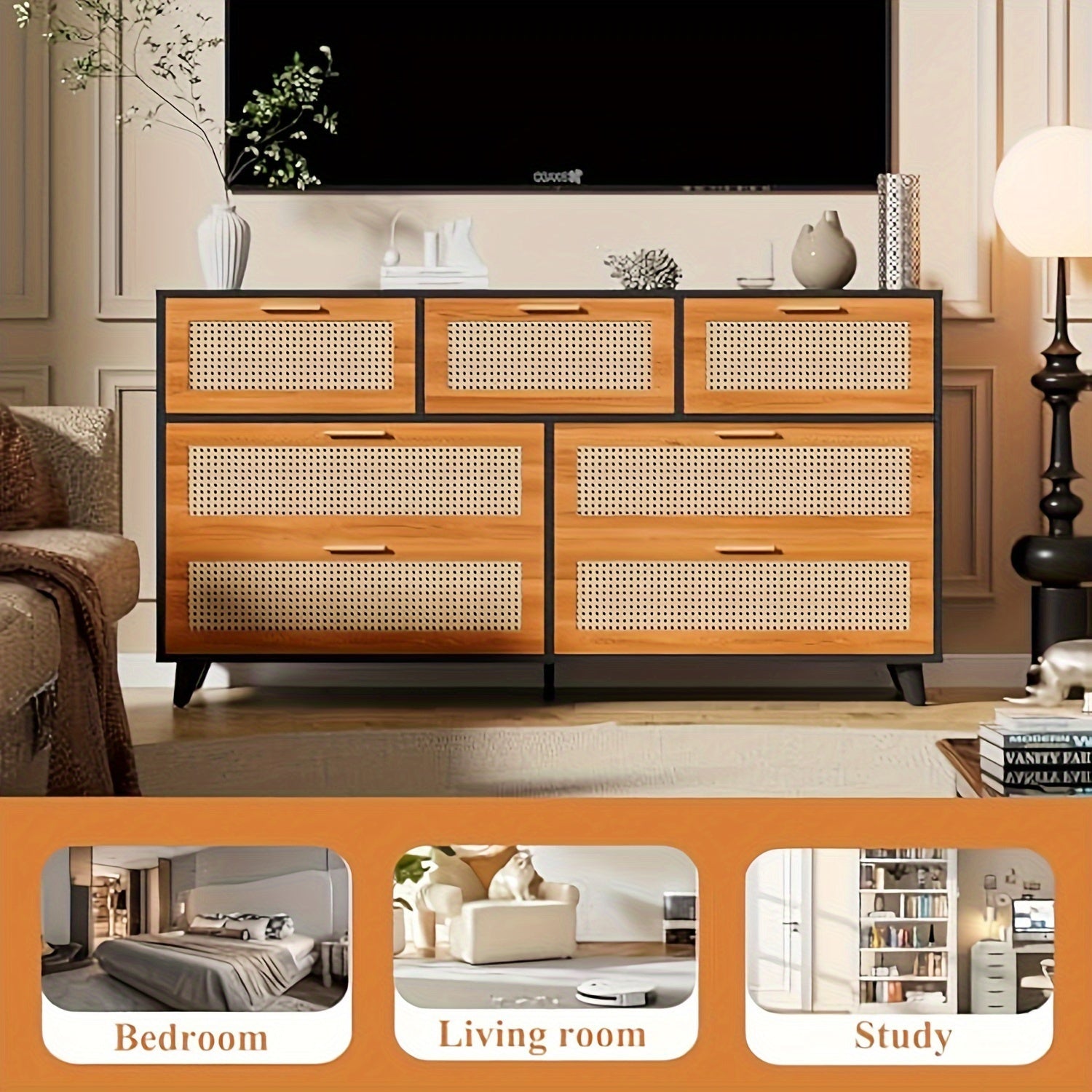 7 Drawer Double Dresser For Bedroom, Rattan Chest Of Dressers, Modern Wooden Dresser Chest, Beside Table For Closet, Living Room And Entryway