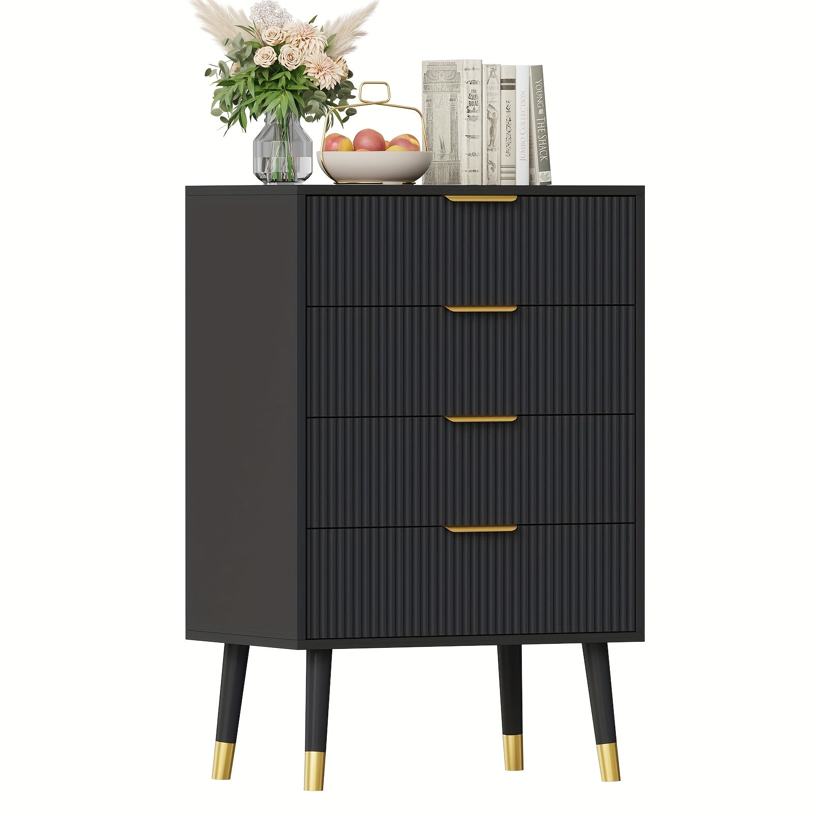 Fluted Drawers Elegant 4-Drawer Fluted Dresser in Dark Black with Golden Metal Handles - Modern Wood Storage Chest on Sturdy Legs, Easy Assembly, Perfect for Bedroom or Hallway Organizer