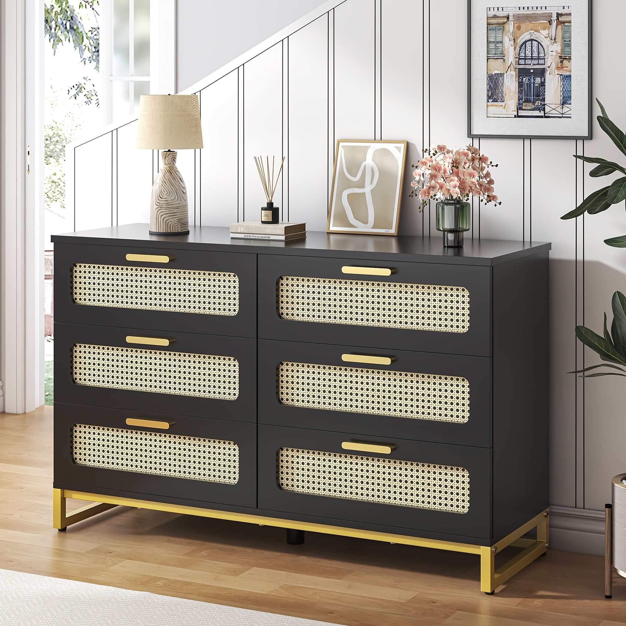 1PCS 6 Drawer Dresser Modern Rattan Dresser Chest Chest Of Drawers For Bedroom Living Room Black - Black - Dresser