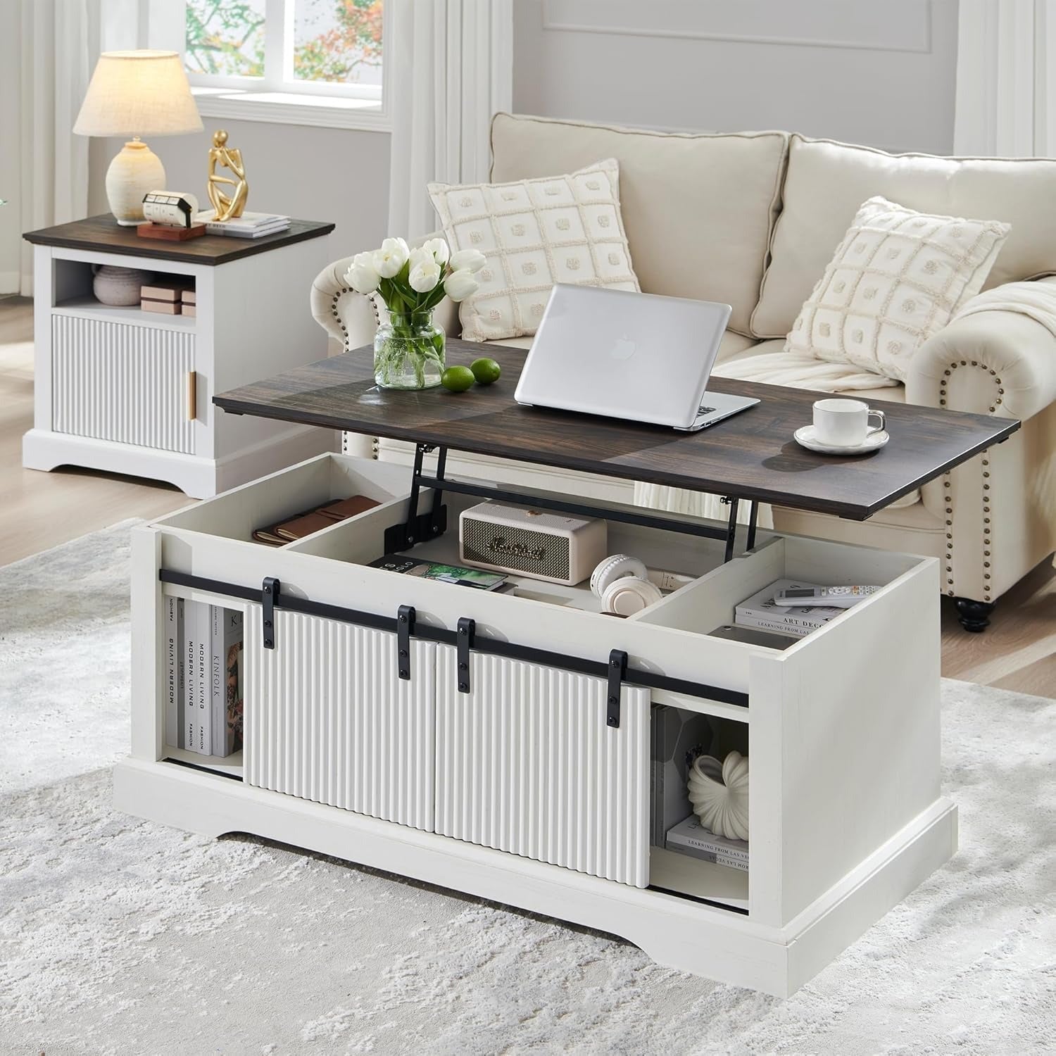 120cm Fluted Lift Top Coffee Table with Sliding Door Modern Center Table w/Adjustable Storage Shelf & Hidden