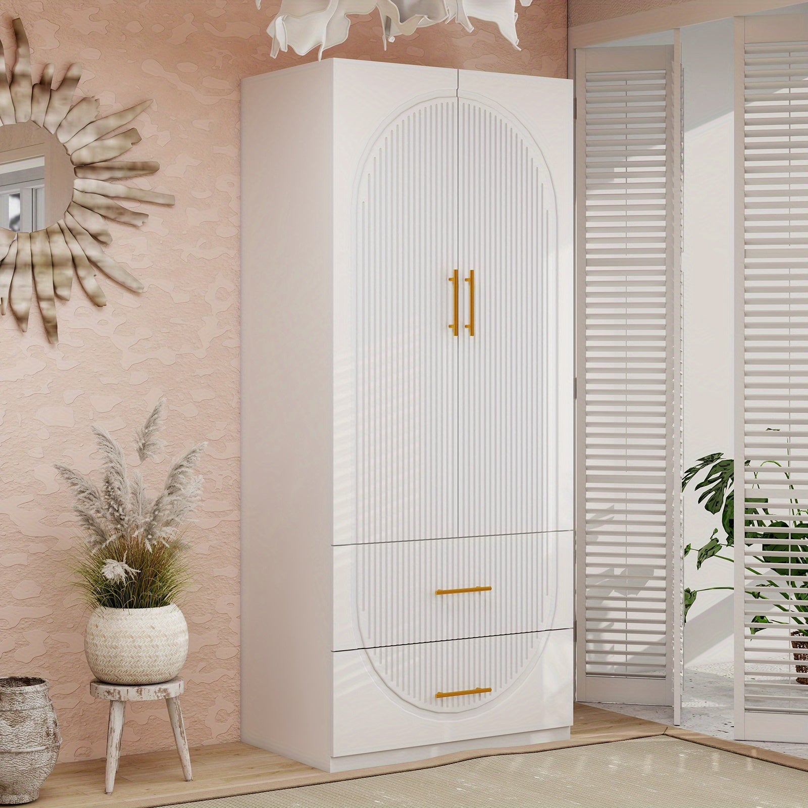 White 2-Door Armoire with Hanging Space & Drawers - Spacious Wooden Bedroom Closet for Efficient Clothing Storage, Wardrobe Closet, Bedroom Wardrobe