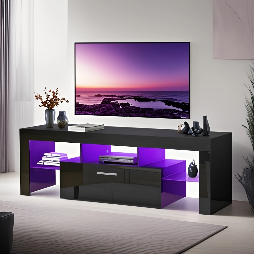 FashionTVstandTVcabinet, EntertainmentCenter, TVstationTV console, media console, with LEDlight belt, light belt remote control, toughenedglassshelf, metal handle, Canbeplaced in the living room, bedroom, black