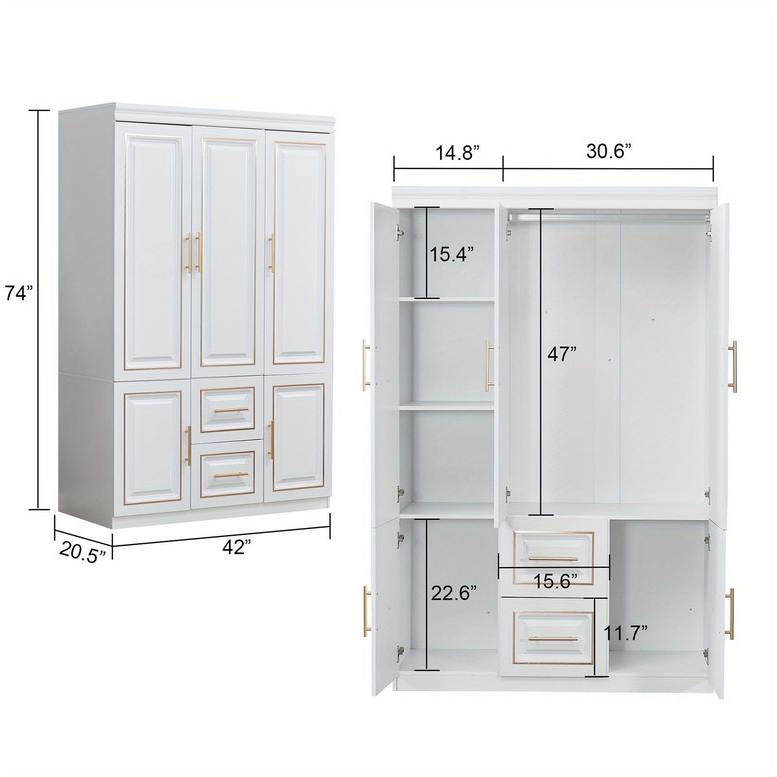 3-Door Armoires Wardrobe Closet with 5 Shelves & 2 Drawers Wood Bedroom Wardrobe for Clothing Storage White Armoire