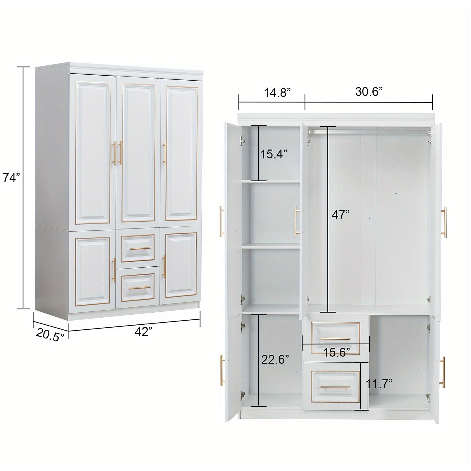 3-Door Armoires Wardrobe Closet with 5 Shelves & 2 Drawers, Wood Bedroom Wardrobe for Clothing Storage, White Armoire for Christmas, Thanksgiving, Halloween