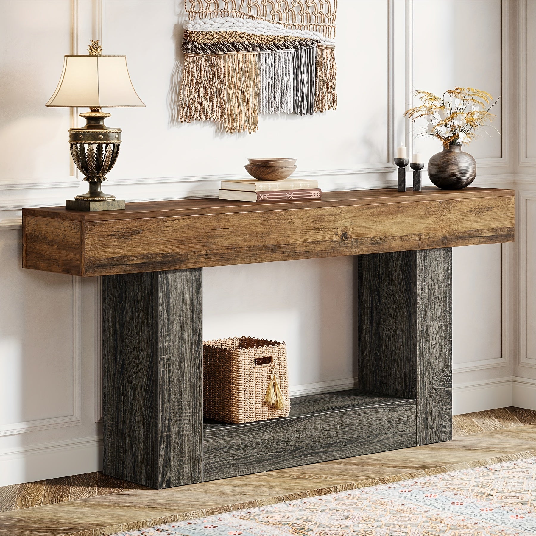 63" Narrow Long Console Table With Storage, Farmhouse 2-Tier Entryway Table With U-Shaped Base, Vintage Wood Sofa Table Behind Couch Table For Living Room, Hallway, Foyer, Rustic Brown And Grey