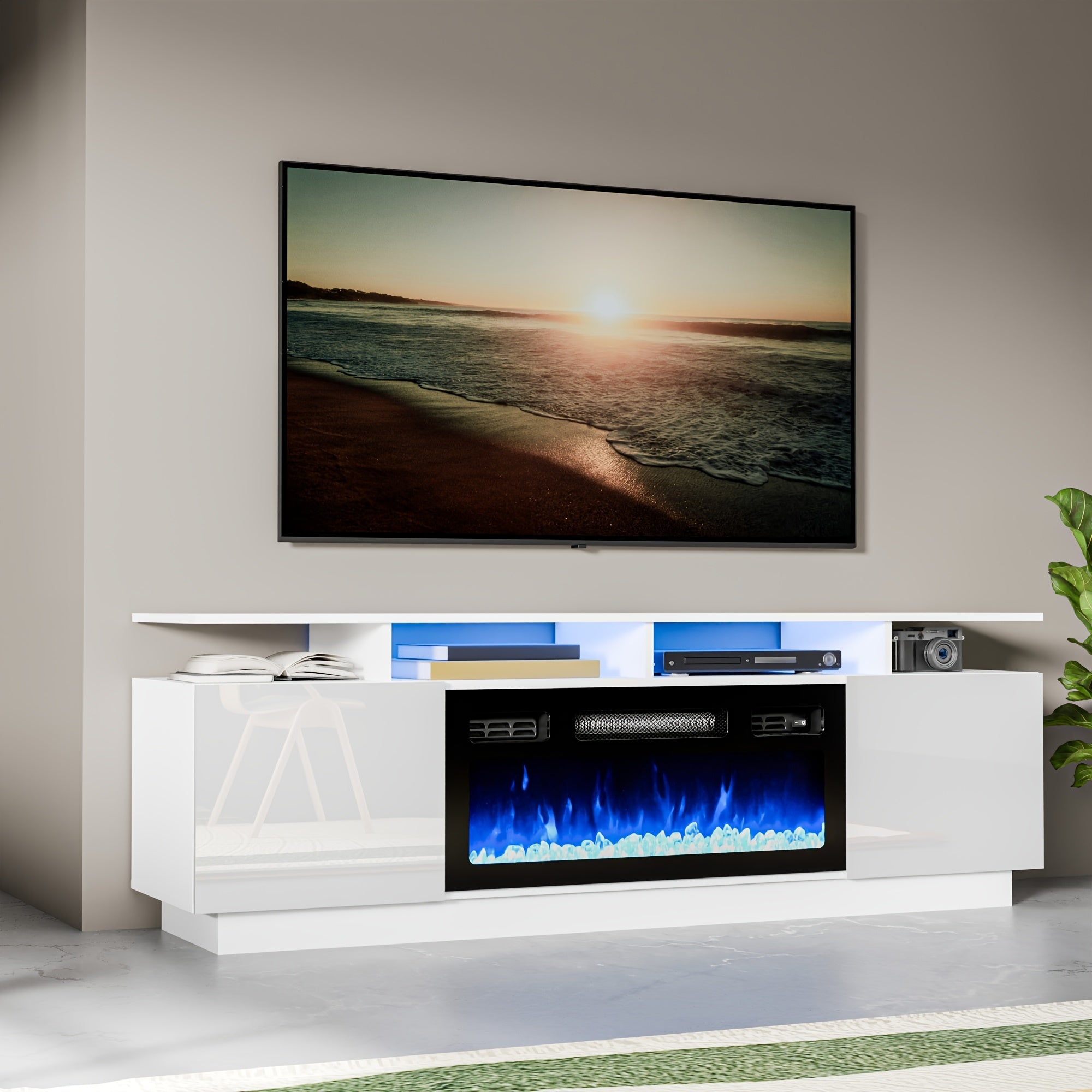 White/black Fireplace TV Stand, Smile Back Fireplace TV Cabinet For TV 60/70/75", Multicolor LED/flame Fireplace TV Stand With Charging Station For Living Room, Bedroom, Partty, Gift