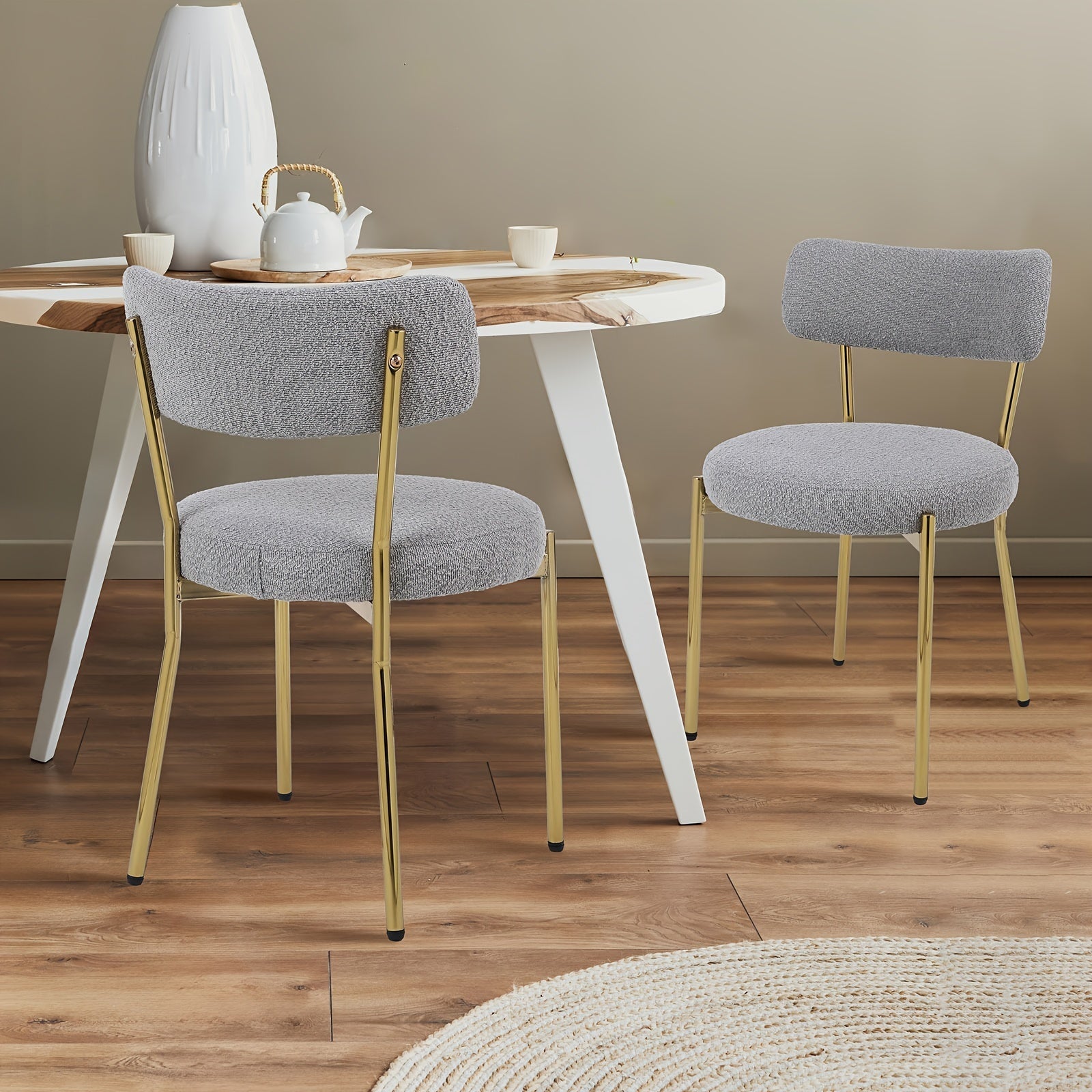 Modern Boucle Dining Chairs Set Of 2, Mid-Century Modern Sherpa Dining Chairs, Upholstered Kitchen Dining Room Chairs With Curved Backrest Golden Metal Legs For Living Room/Kitchen, Grey