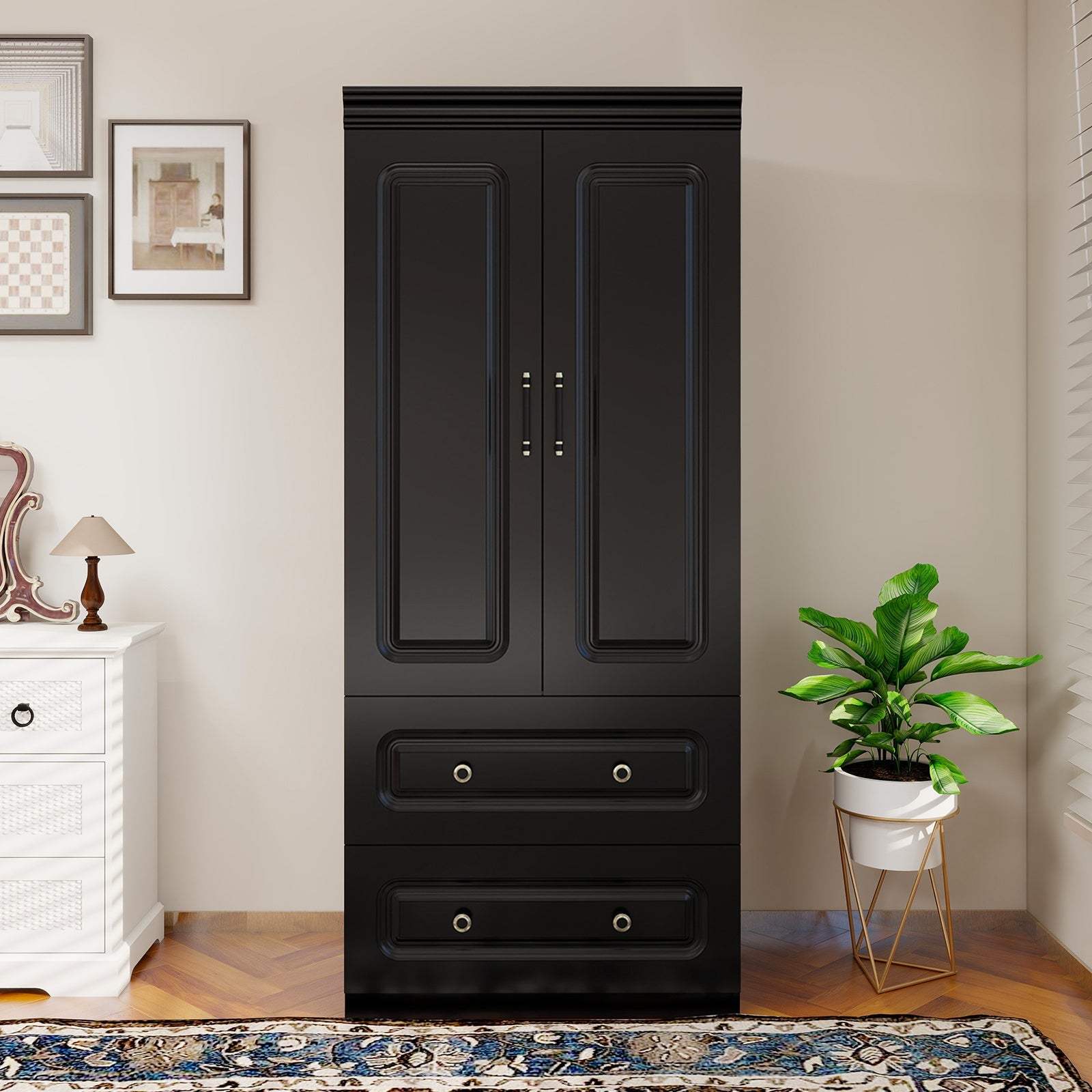 Wardrobe Armoire with Drawer & Shelves, Wooden Closet Storage Cabinet for Bedroom, Modern Black Wardrobe Armoire Christmas, Thanksgiving, Halloween, Storage Boxes for Organizing