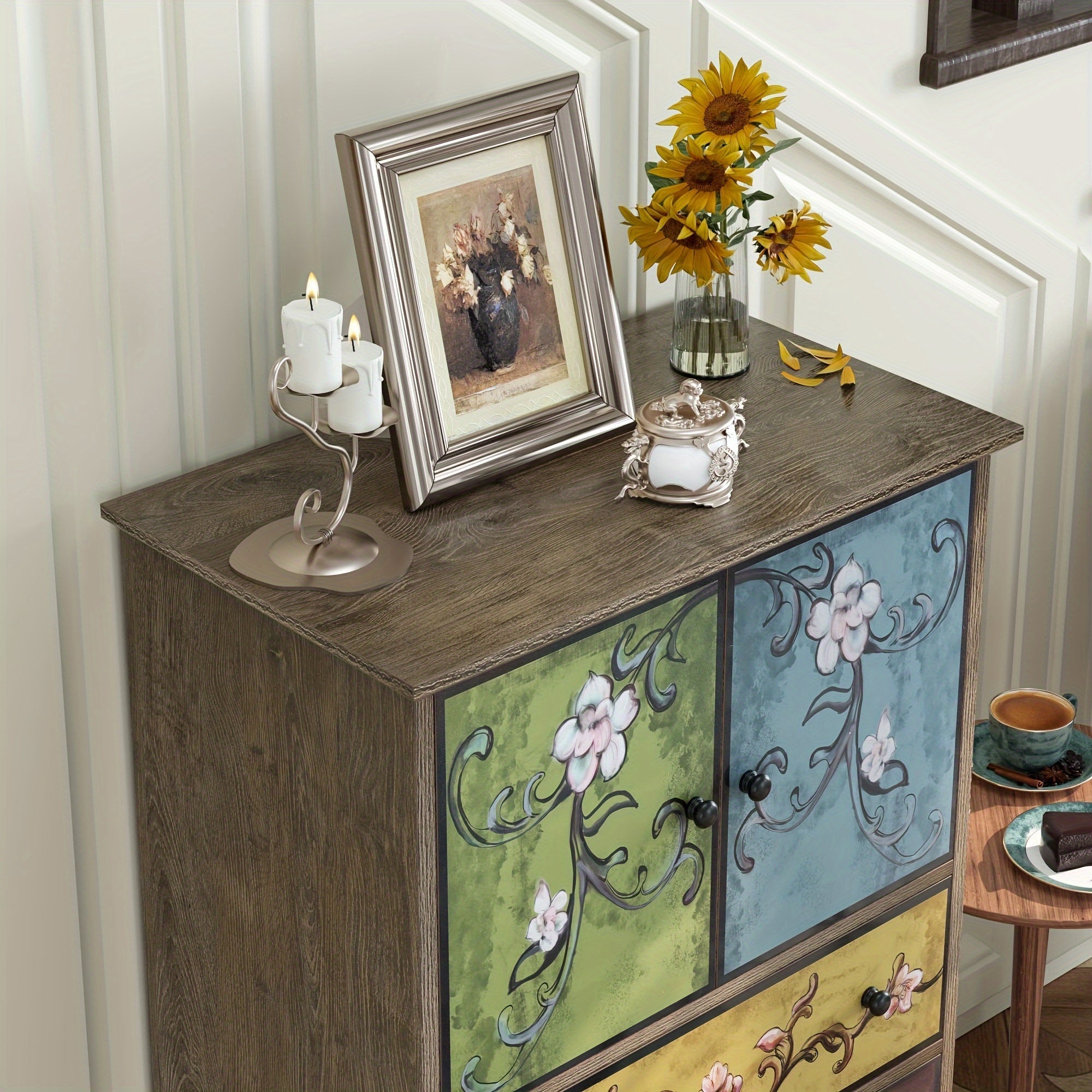 Boho Dresser, Tall Dresser with Drawers and Doors, Wood Dresser Accent Dresser for Living Room Home Office