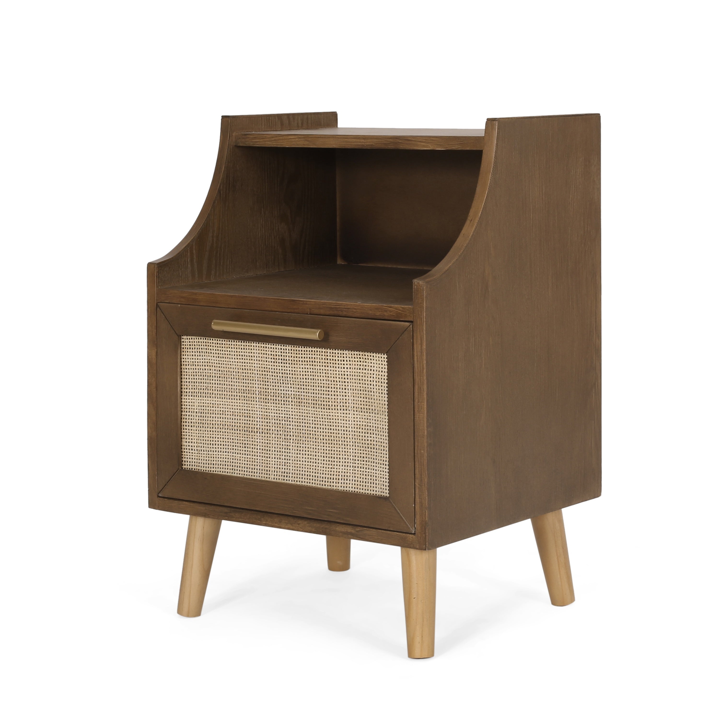 Merax Contemporary End Table With Rattan Accents And Tempered Glass - Walnut Finish Built-in Hutch And Antique Gold