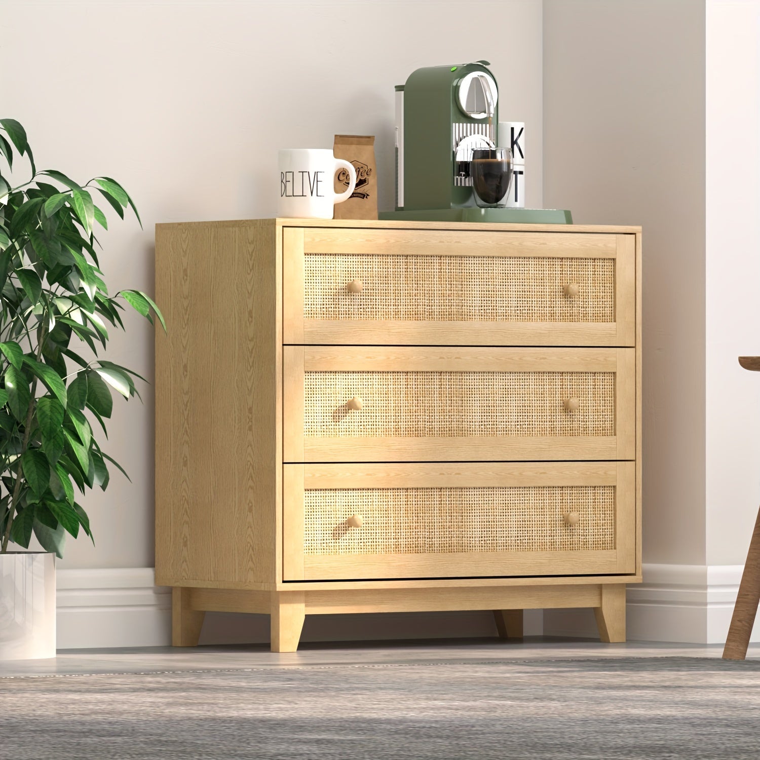 Rattan Drawer Dresser with 3 drawers Boho Small Chest of Drawers- Large Storage and Sturdy Contruction Natural Rattan