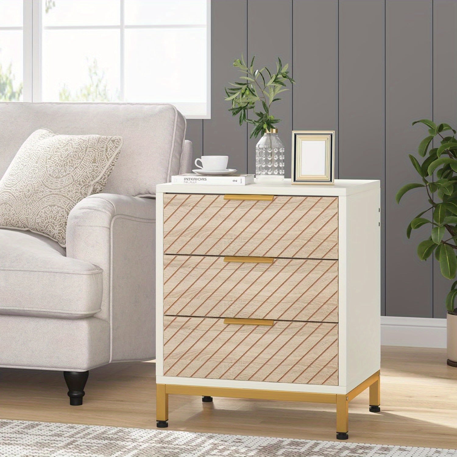 Elegant White & Golden 3-storage compartment Nightstand, Adjustable Feet, Spacious Storage for Bedroom Essentials, Box, Cabinet, Rack for Outdoor Storage