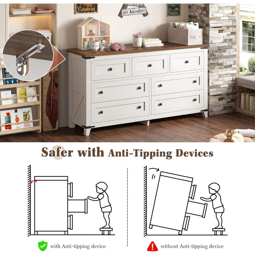 Chic Farmhouse 51" White Wooden Dresser with 7 Drawers - Spacious Bedroom Organizer, TV Stand & Closet Storage Solution