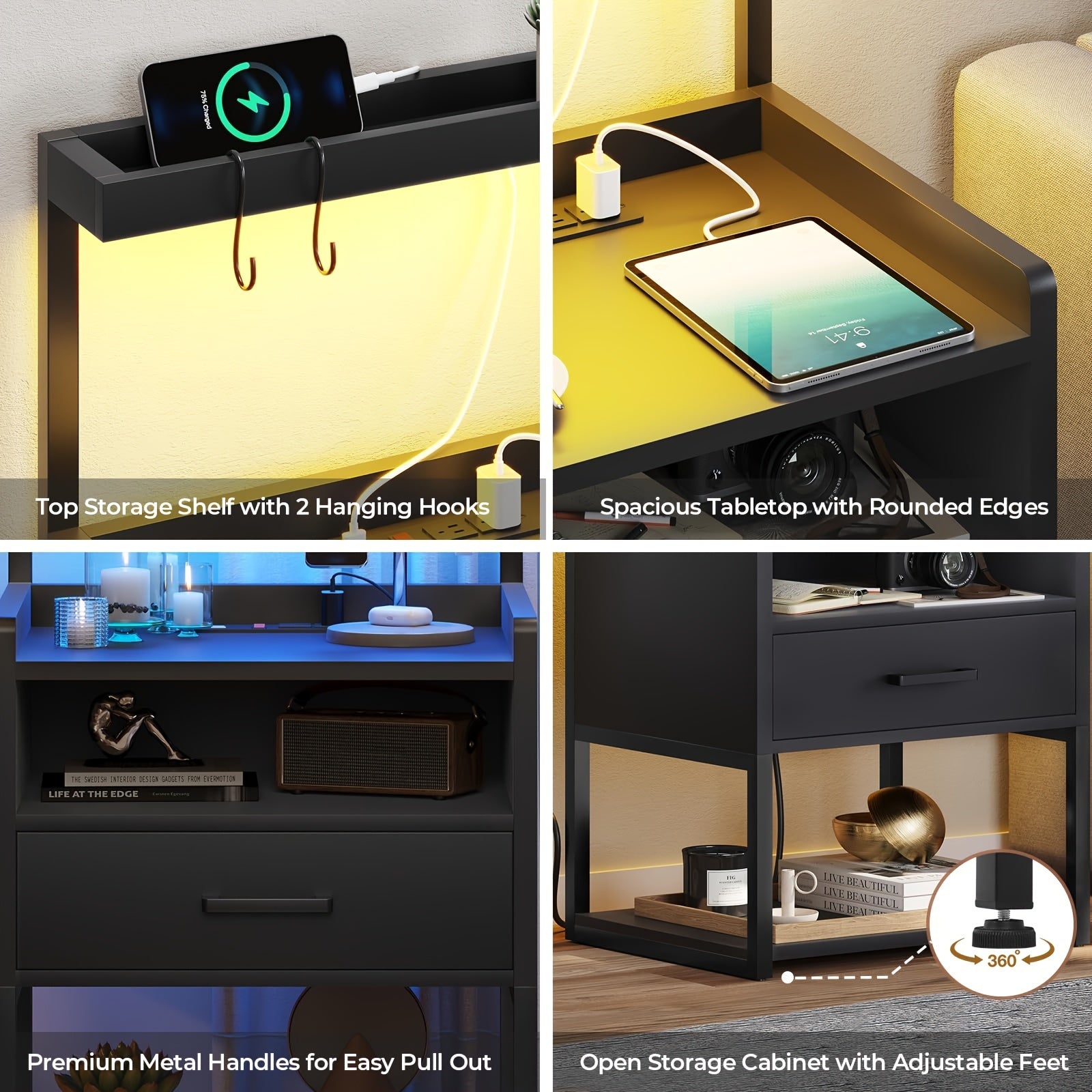 Nightstand With LED Lights Black Night Stand With Drawer Modern End Side Table With Open Storage Shelves Bedside Tables